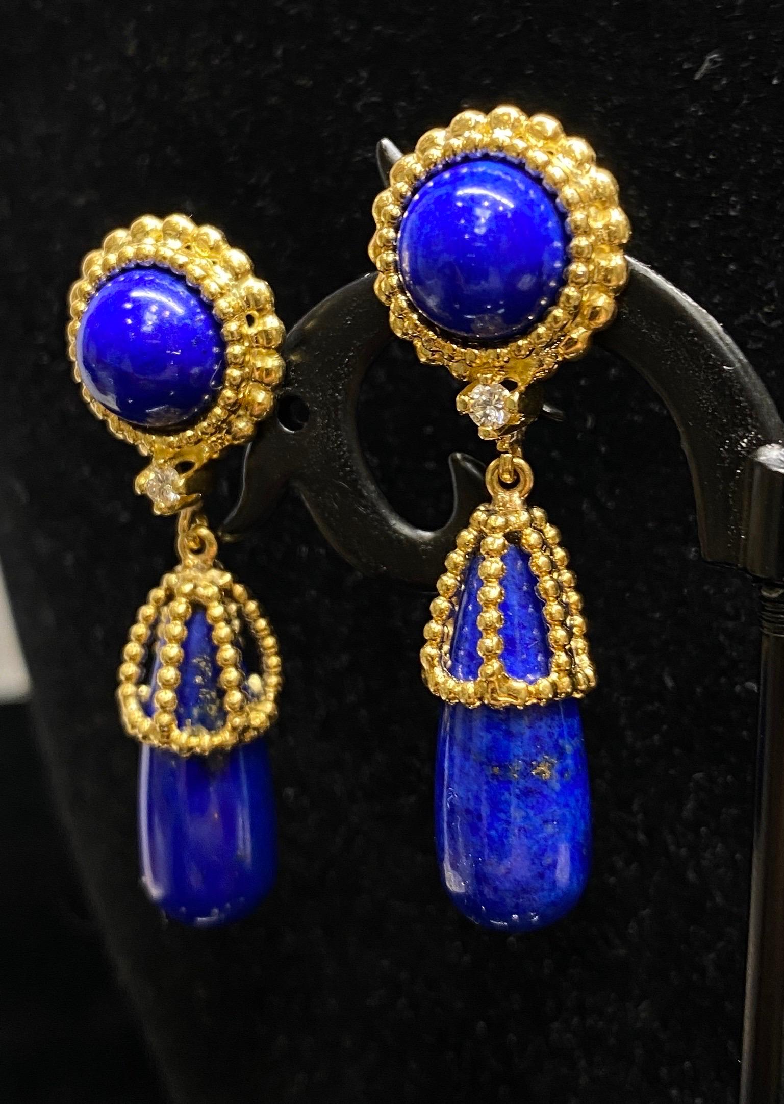 Women's Designer 1970's CELLINO 18k Yellow Gold Lapis Lazuli & Diamond Drop Earrings