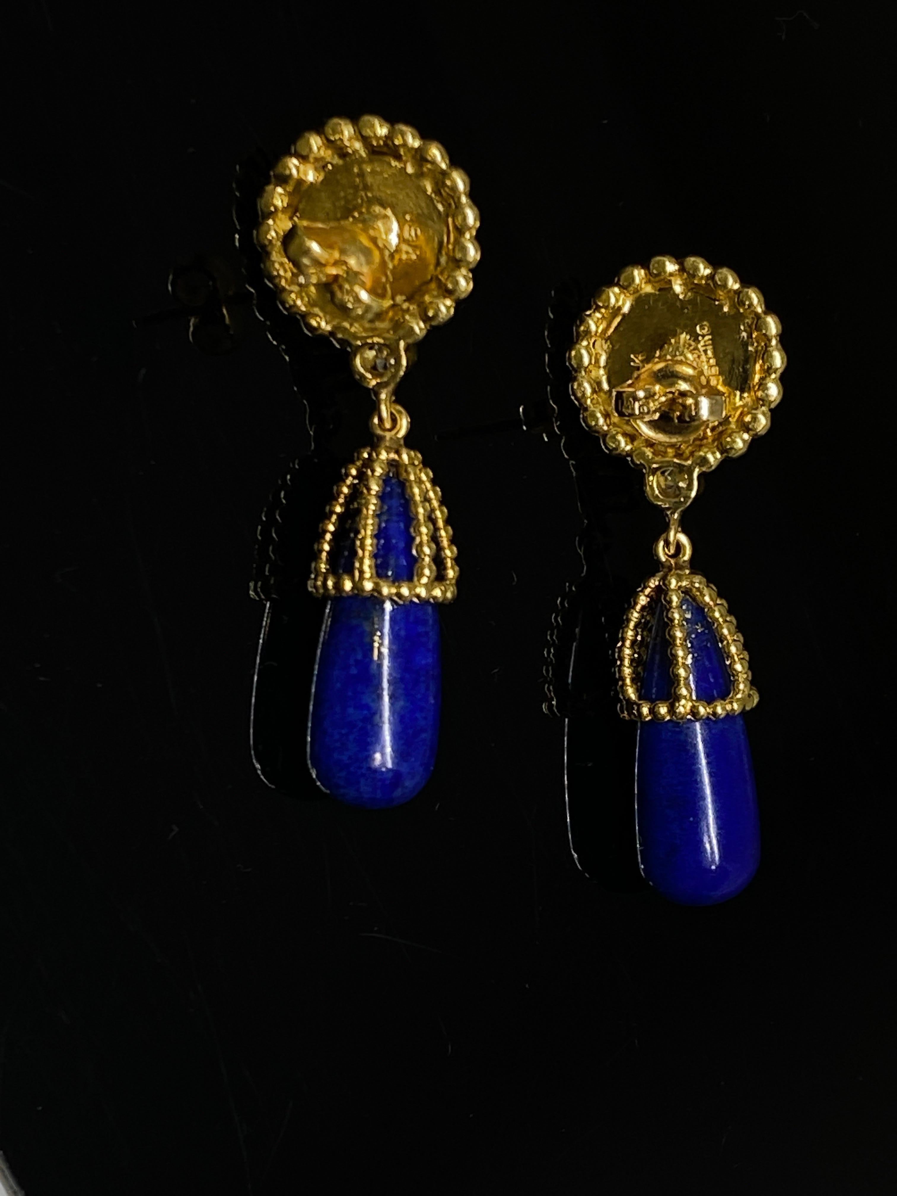 Designer 1970's CELLINO 18k Yellow Gold Lapis Lazuli & Diamond Drop Earrings 1