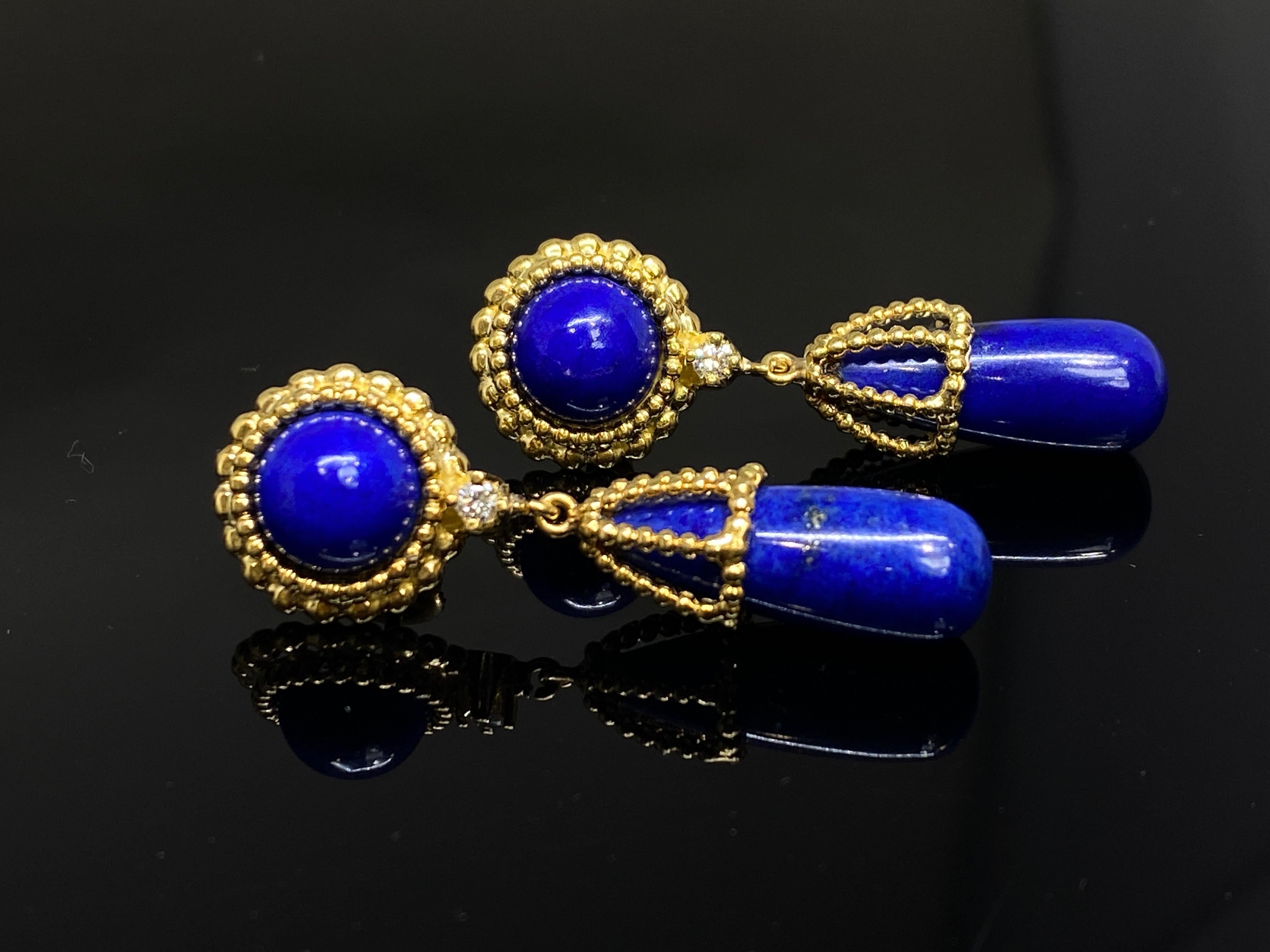 Designer 1970's CELLINO 18k Yellow Gold Lapis Lazuli & Diamond Drop Earrings 2