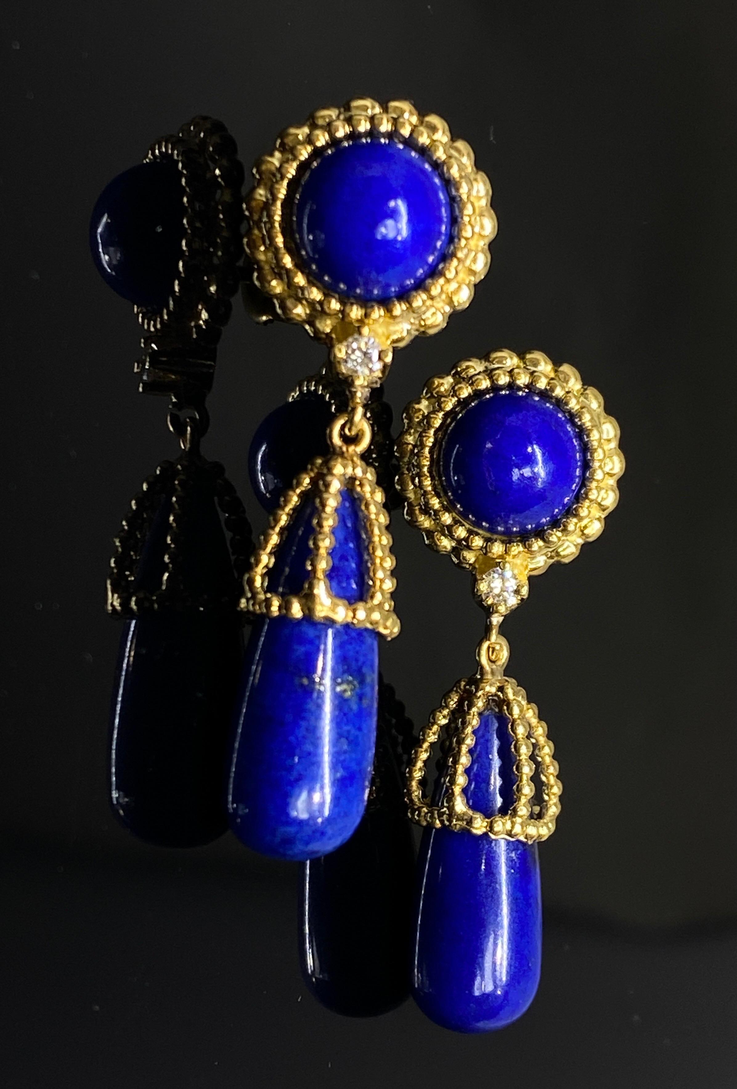Designer 1970's CELLINO 18k Yellow Gold Lapis Lazuli & Diamond Drop Earrings 3