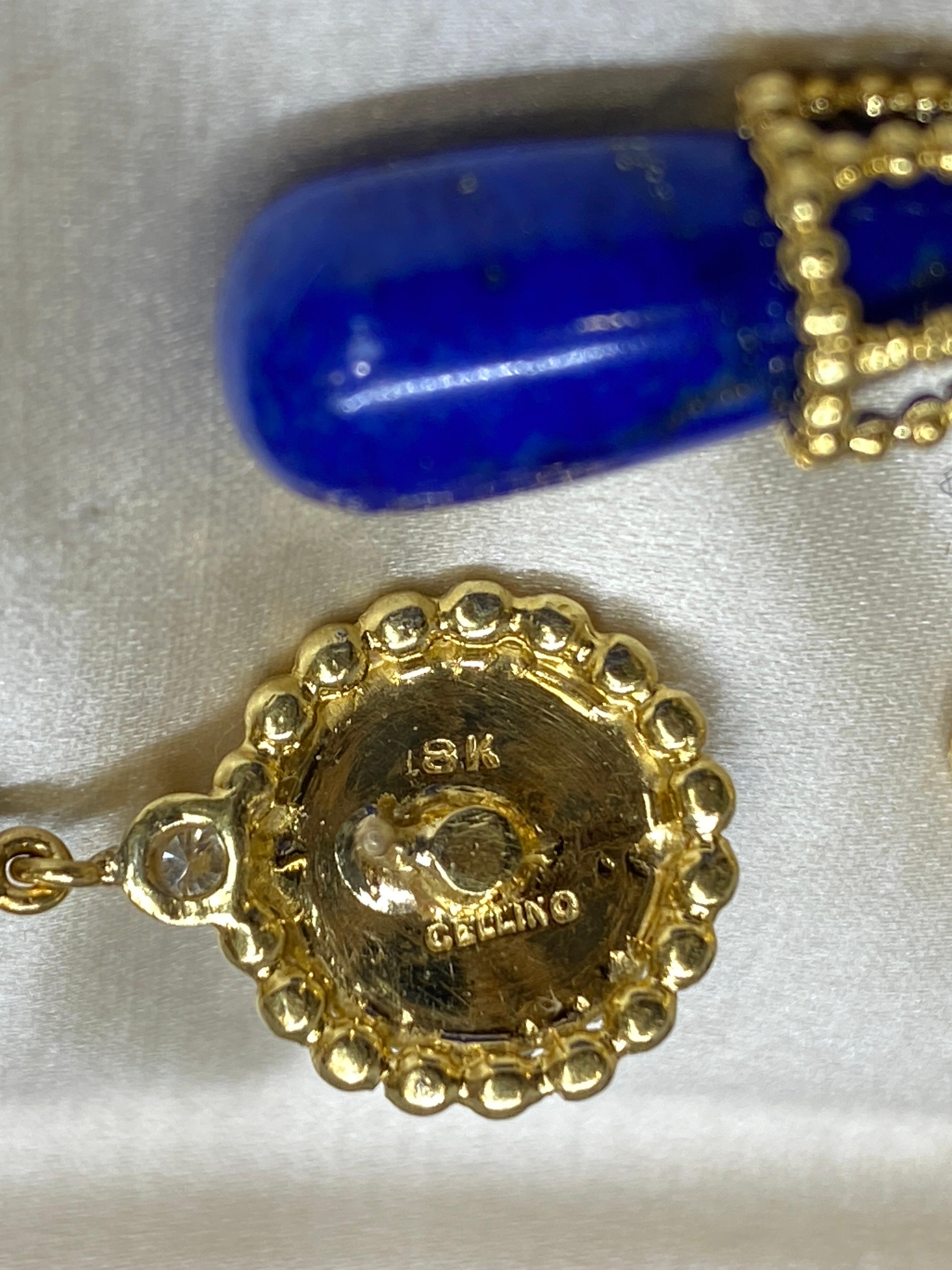 Designer 1970's CELLINO 18k Yellow Gold Lapis Lazuli & Diamond Drop Earrings 4