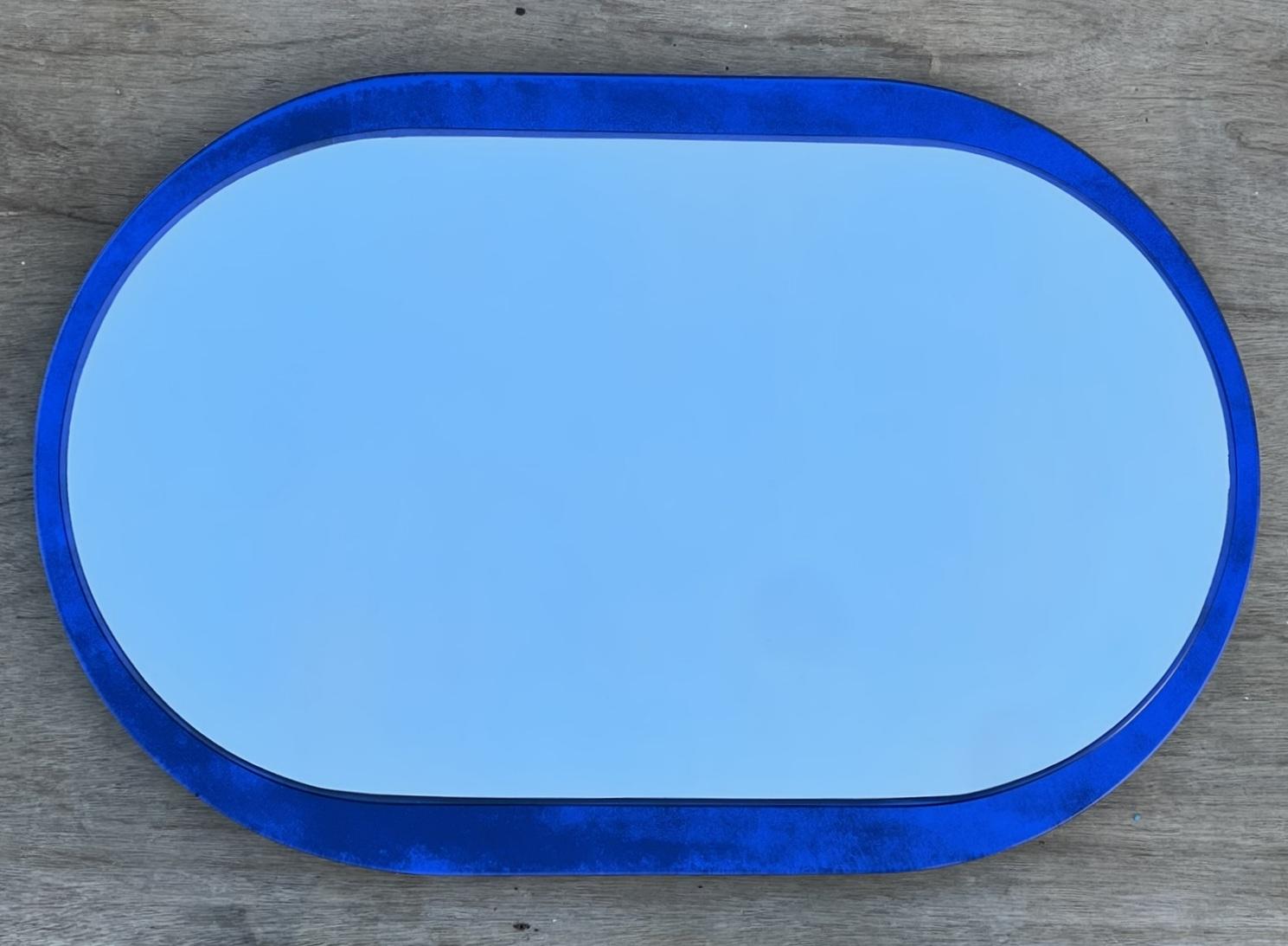 Hand-Crafted Designer 1970s Veca Made in Italy Mid-Century Modern Wall Cobalt Blue Mirror For Sale