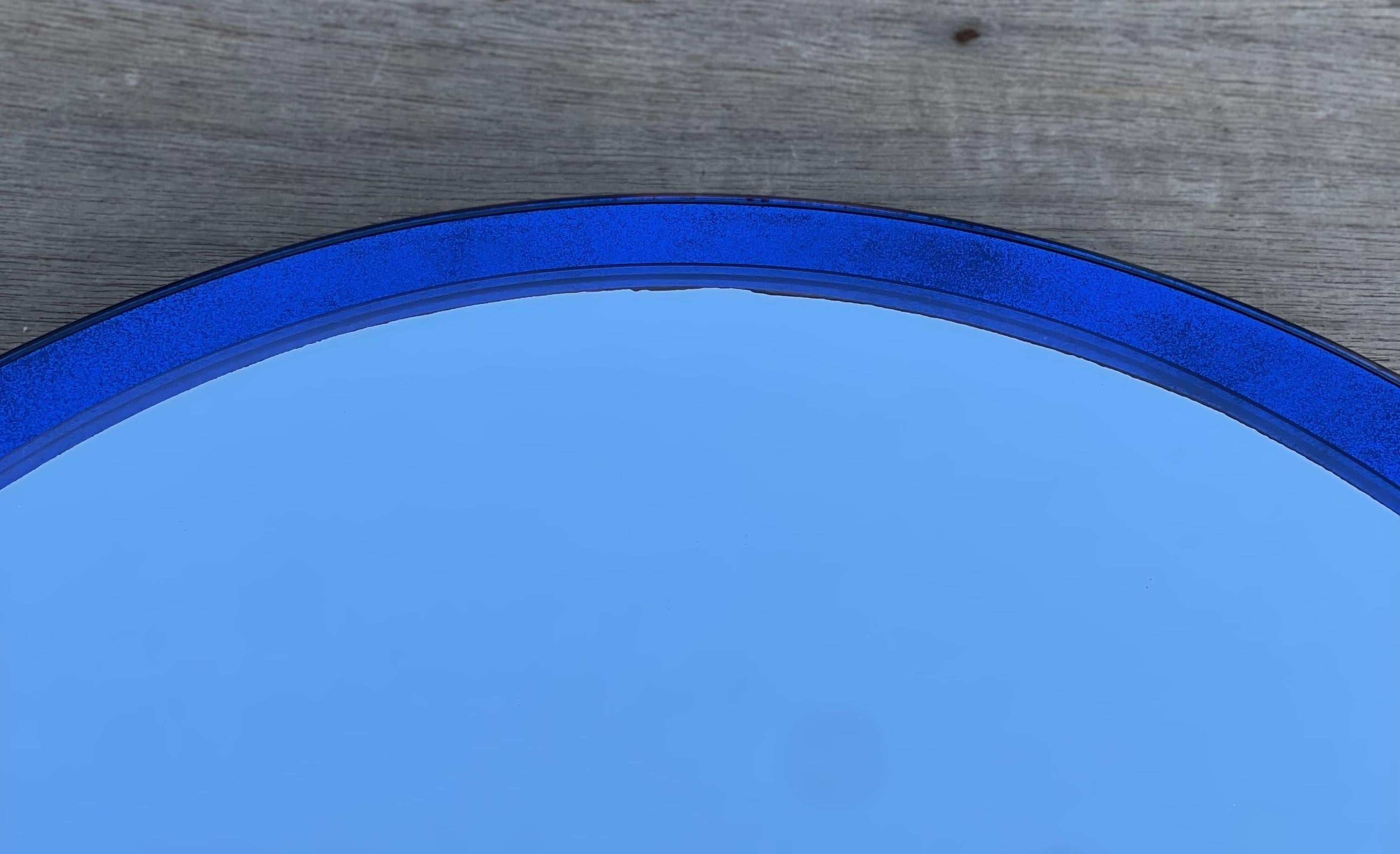 Late 20th Century Designer 1970s Veca Made in Italy Mid-Century Modern Wall Cobalt Blue Mirror For Sale