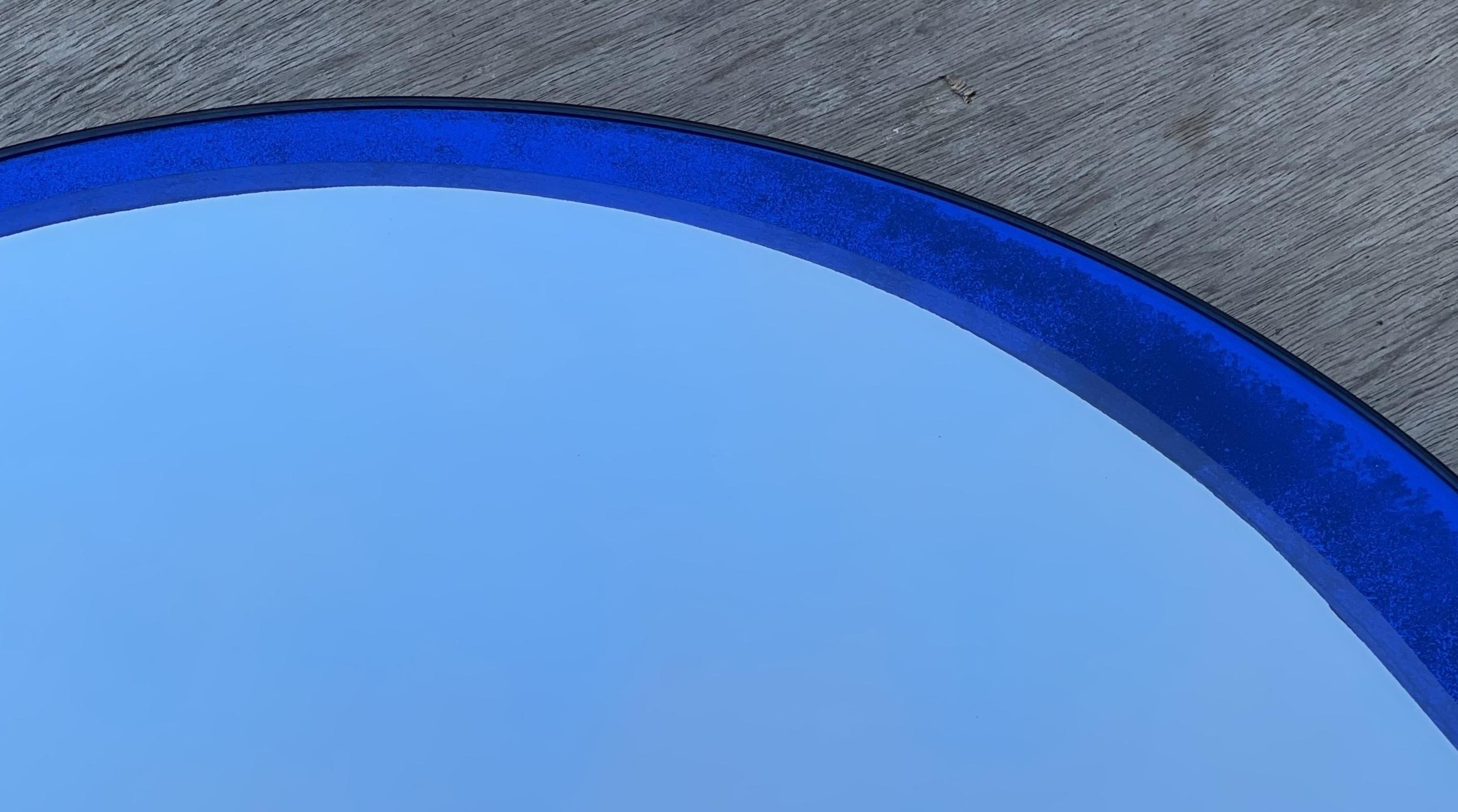 Designer 1970s Veca Made in Italy Mid-Century Modern Wall Cobalt Blue Mirror For Sale 2