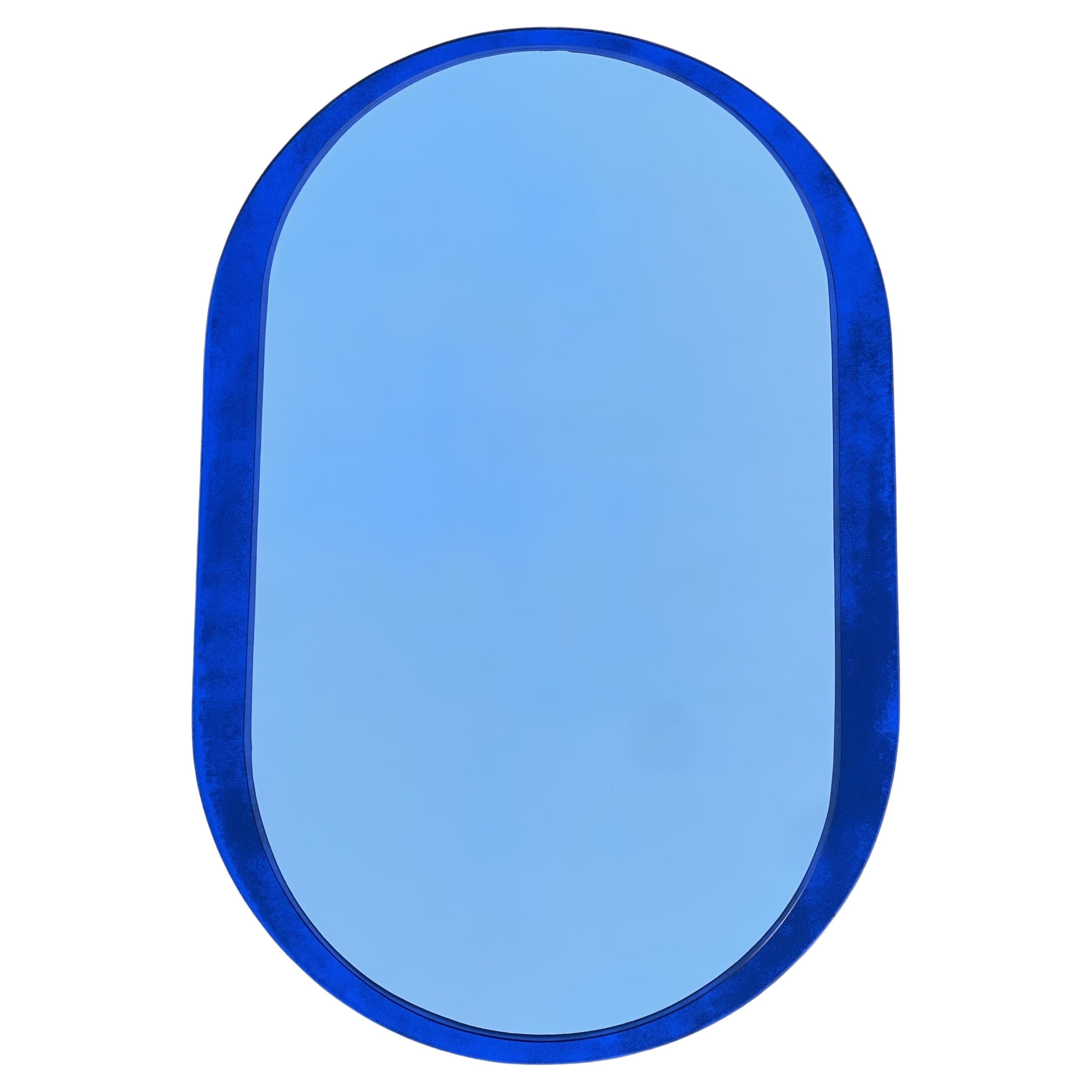 Designer 1970s Veca Made in Italy Mid-Century Modern Wall Cobalt Blue Mirror For Sale