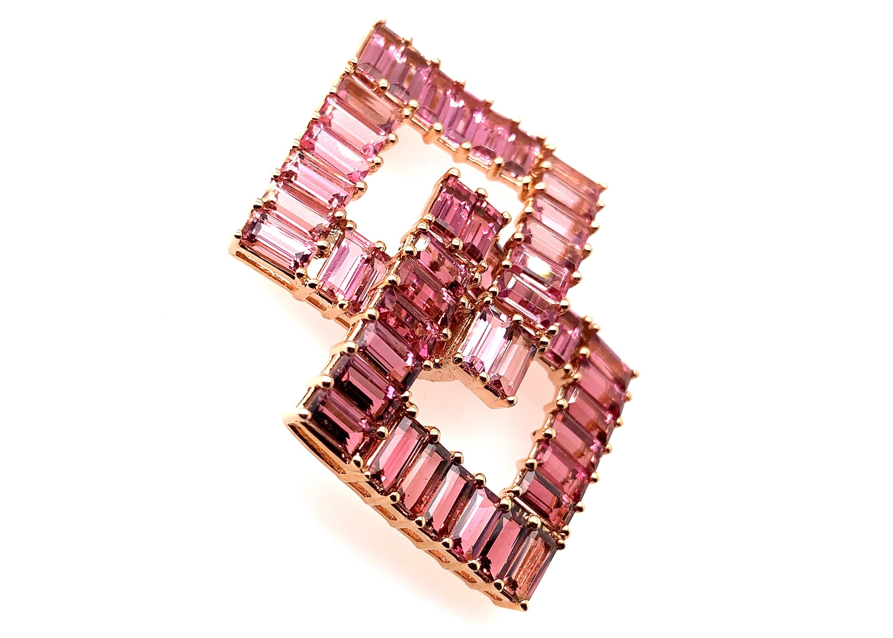 Baguette Cut Designer 21.65 Carat Pink Tourmaline Earring in 18 Karat Rose Gold