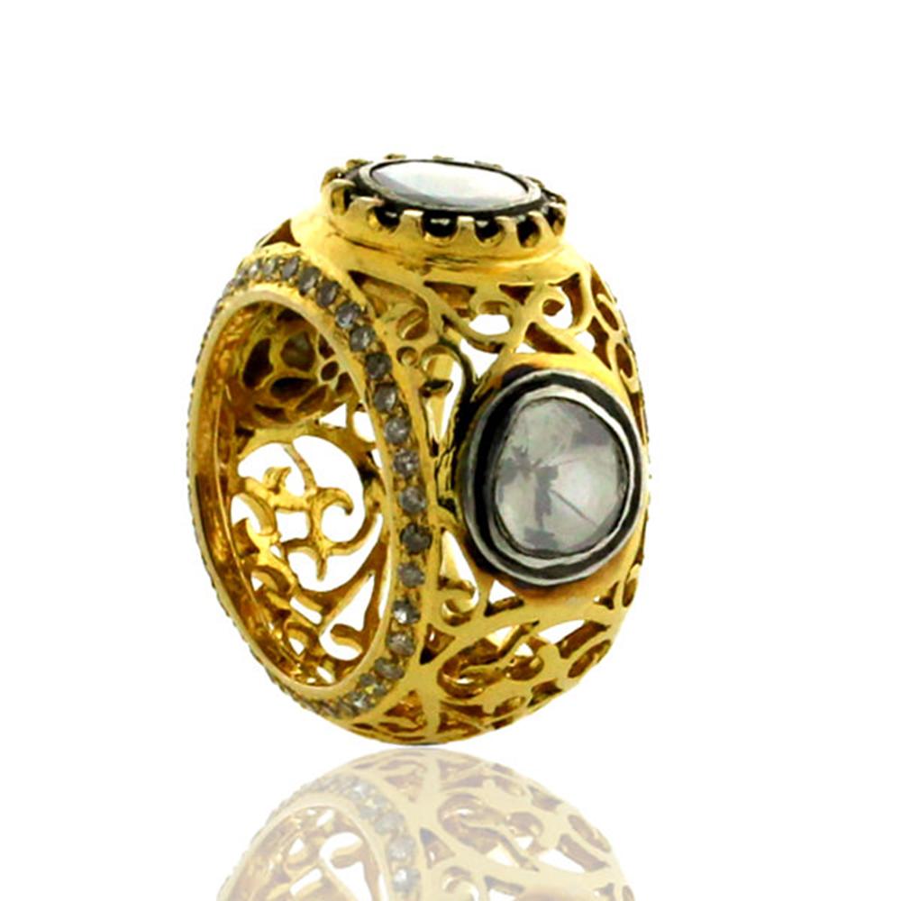 Modern Designer 3 Diamond Ring Set in 14K Gold and Silver For Sale