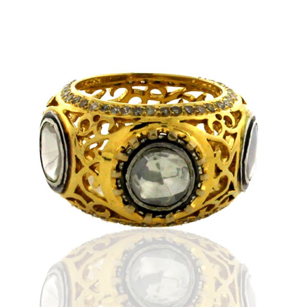 Designer-Ring aus 14 Karat Gold und Silber mit 3 Diamanten (Rosenschliff) im Angebot