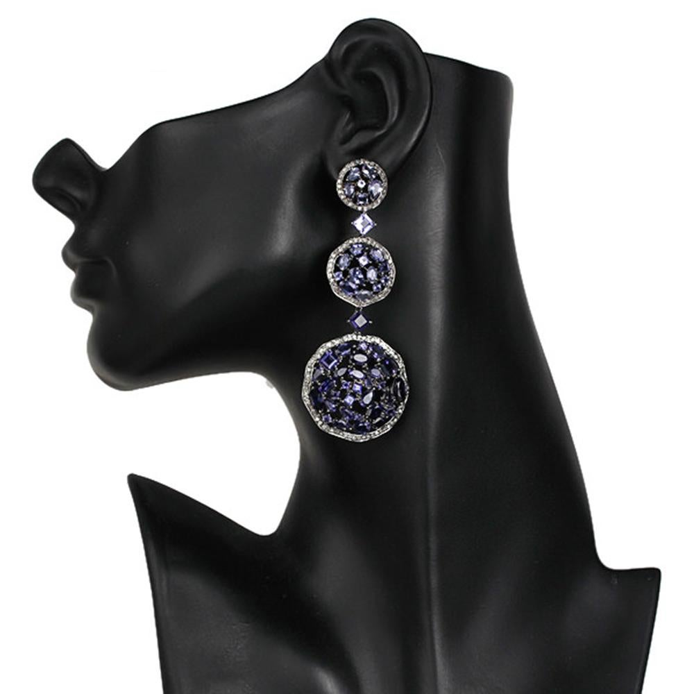 Modern Designer 3 Tier Mosaic Iolite and Diamond Dangle Earring in Silver and Gold For Sale