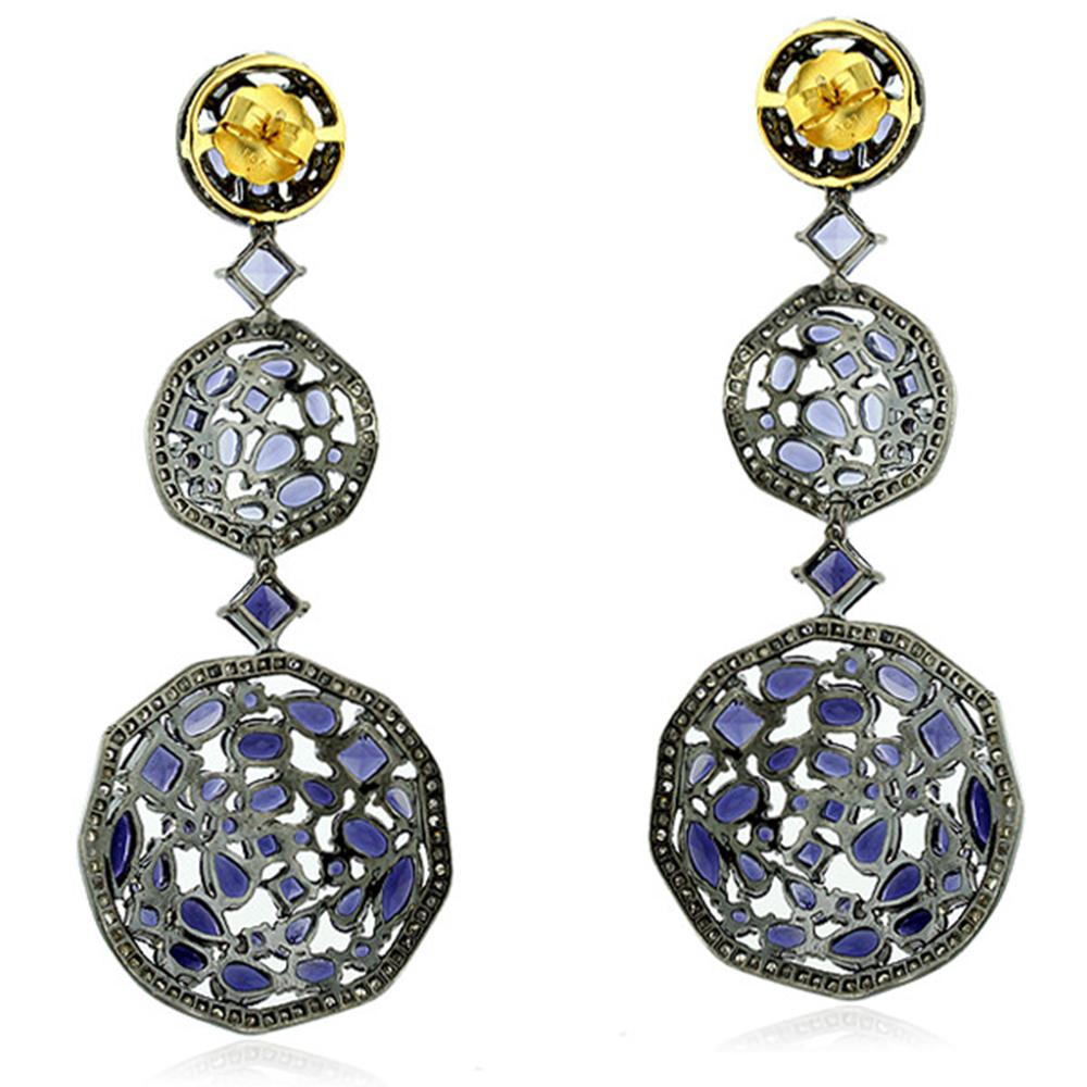 Modern Designer 3 Tier Mosaic Iolite and Diamond Dangle Earring in Silver and Gold For Sale