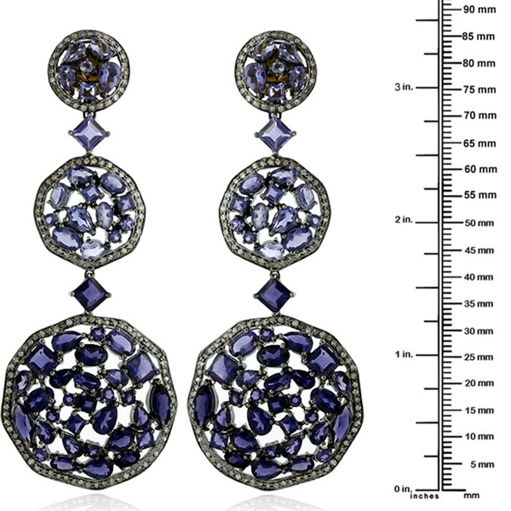 Mixed Cut Designer 3 Tier Mosaic Iolite and Diamond Dangle Earring in Silver and Gold For Sale