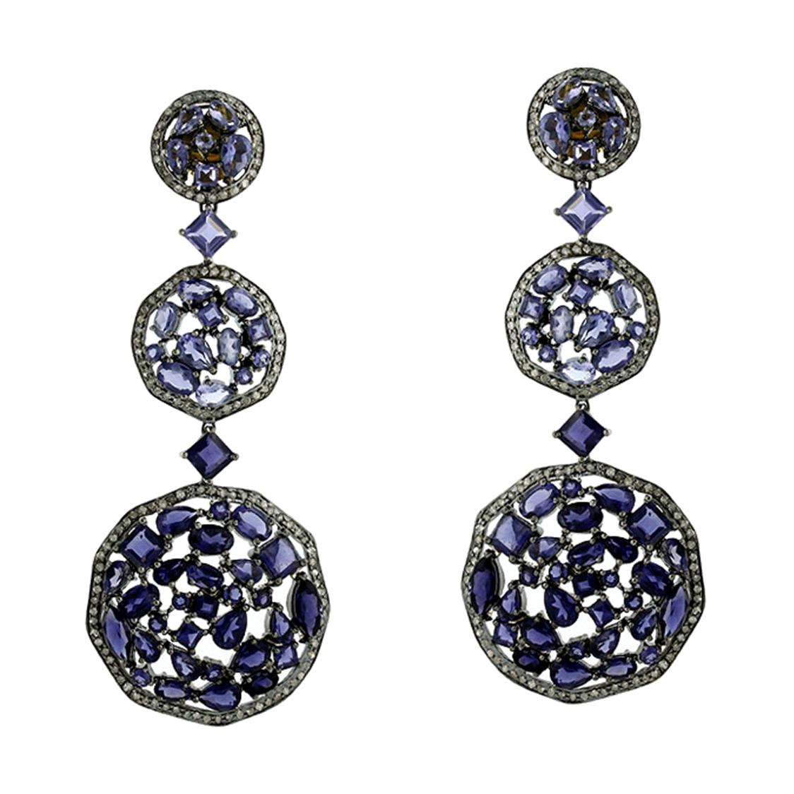 Designer 3 Tier Mosaic Iolite and Diamond Dangle Earring in Silver and Gold