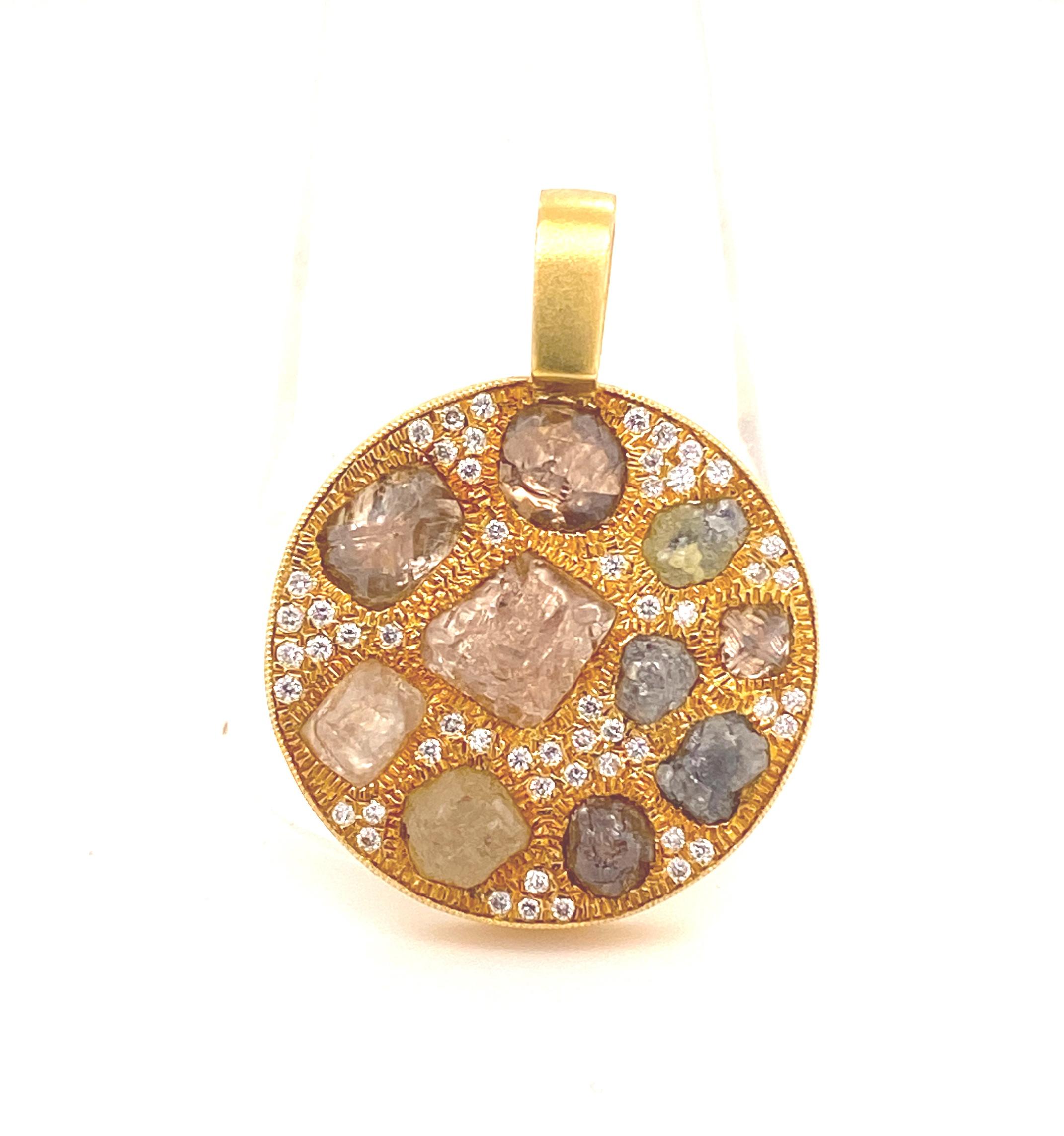 Designer Signed 3.26 Carats Fancy Color Raw Diamonds 18K Gold Pendant. This is a amazing pendant signed SR 18k with the diamond weight 3.26. The pendant has 10 fancy color brown and champagne color raw cut diamonds. The raw diamonds have great