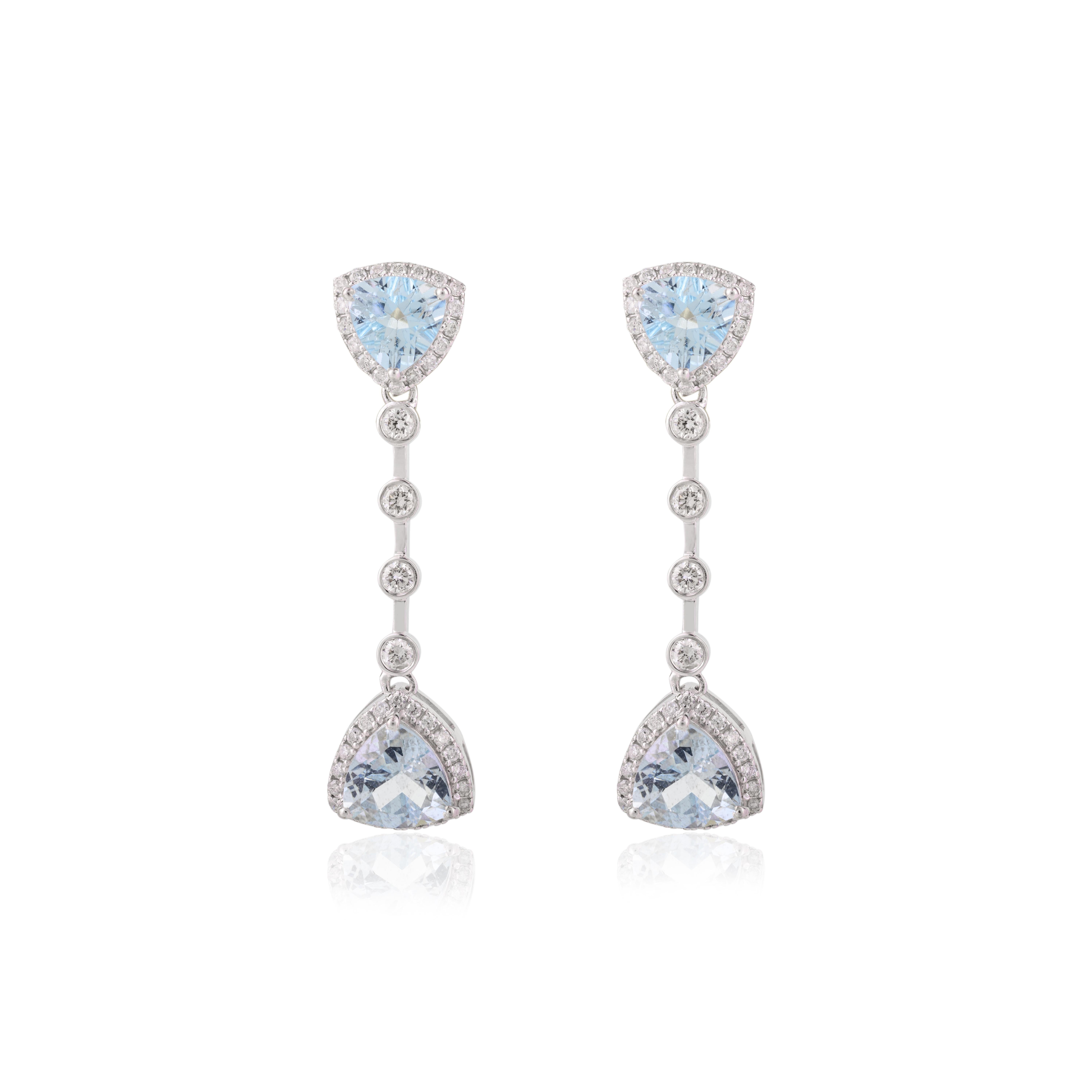 Art Nouveau Designer 3.26 CTW Trillion Aquamarine Diamond Drop Earrings in 18k White Gold For Sale