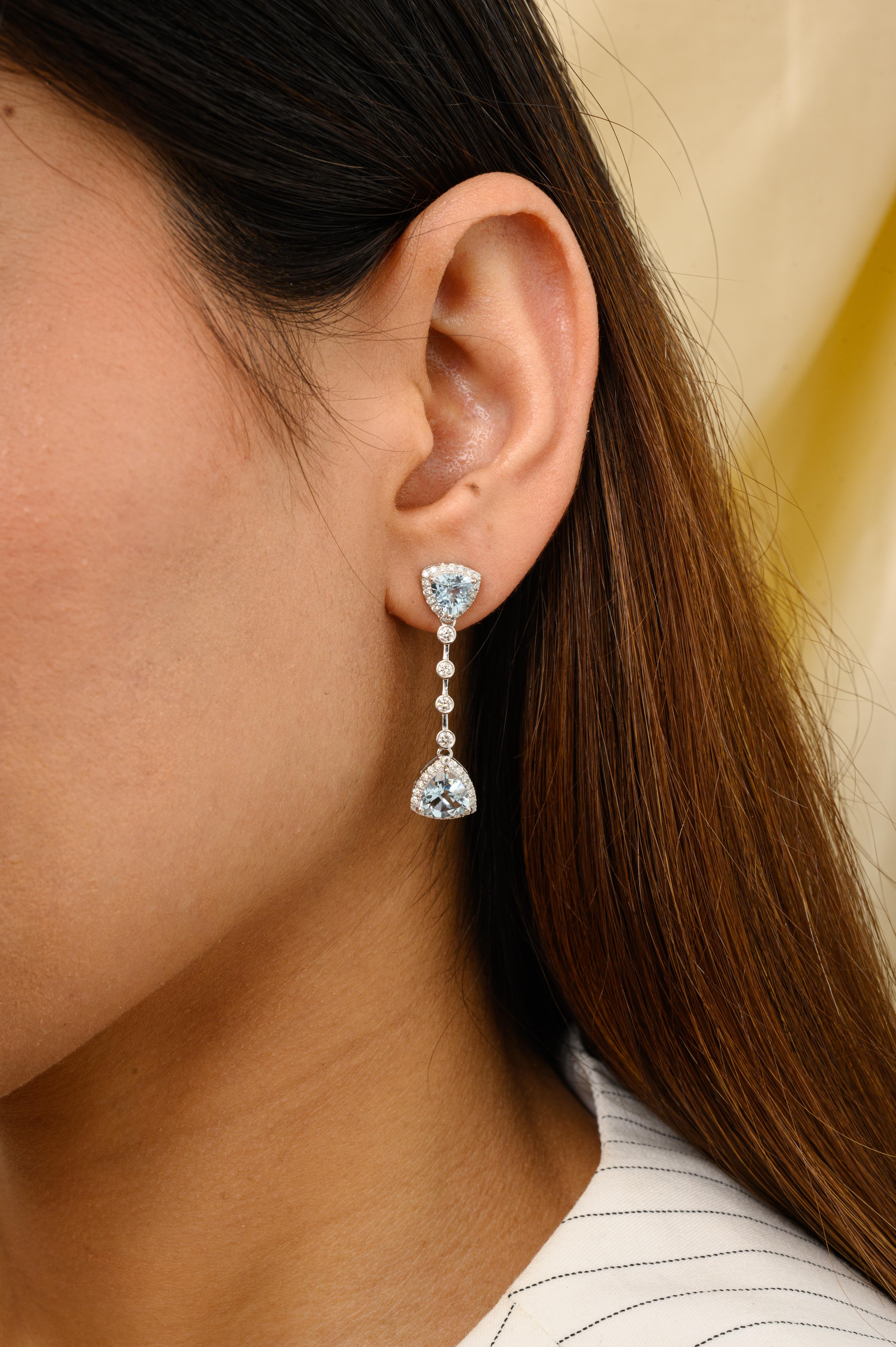 Trillion Cut Designer 3.26 CTW Trillion Aquamarine Diamond Drop Earrings in 18k White Gold For Sale