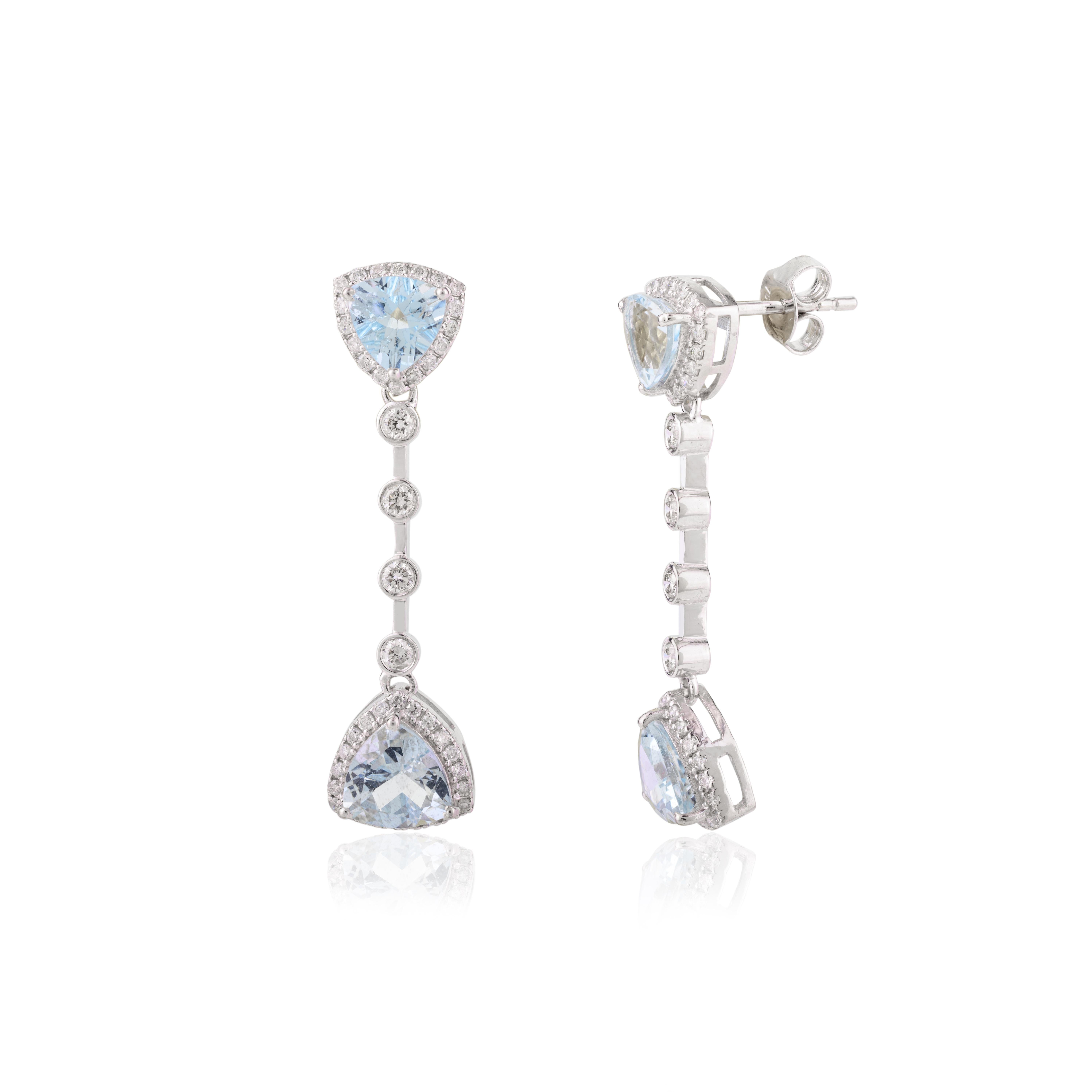 Designer 3.26 CTW Trillion Aquamarine Diamond Drop Earrings in 18k White Gold In New Condition For Sale In Houston, TX