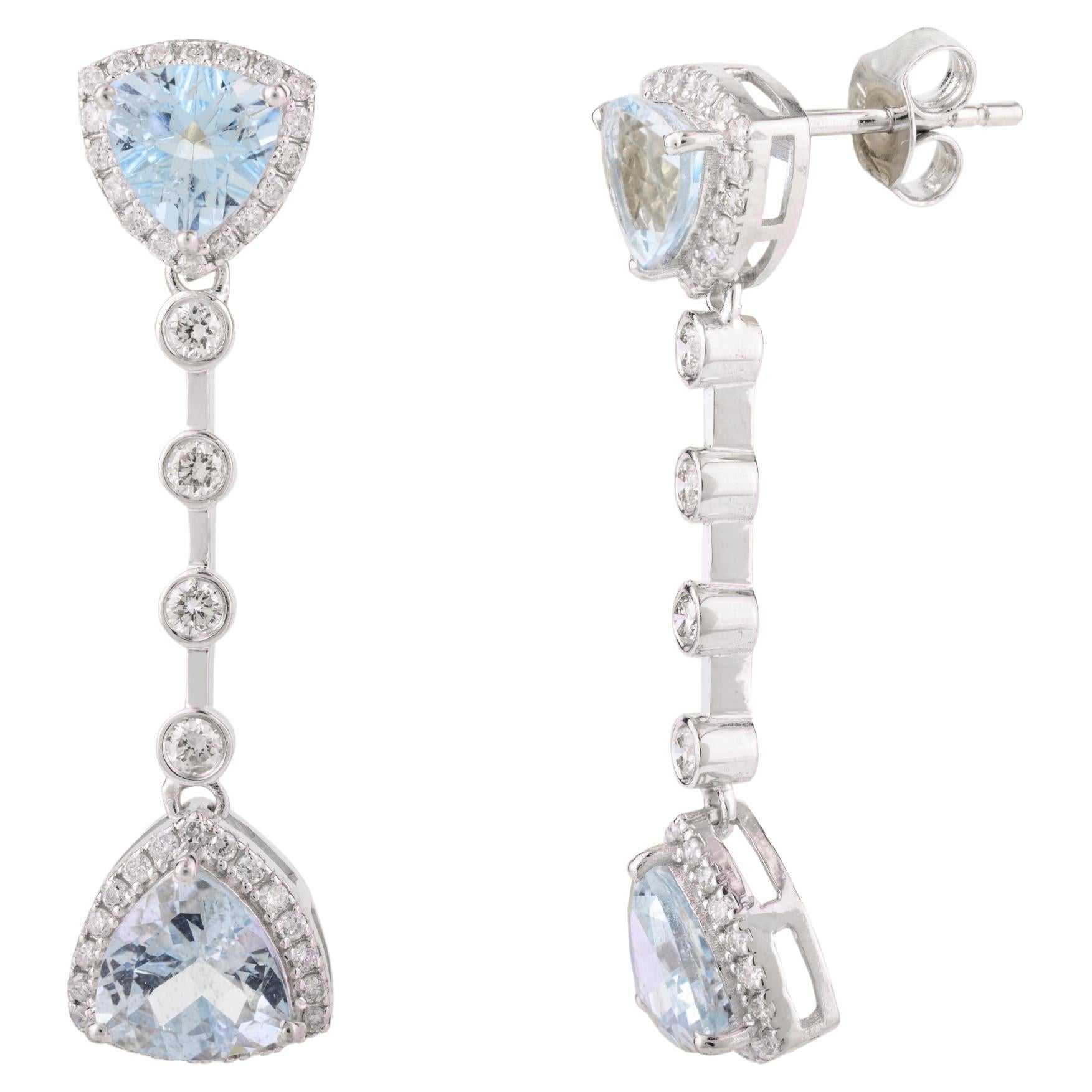 Designer 3.26 CTW Trillion Aquamarine Diamond Drop Earrings in 18k White Gold For Sale