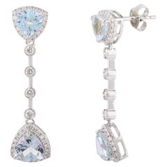 Designer 3.26 CTW Trillion Aquamarine Diamond Drop Earrings in 18k White Gold