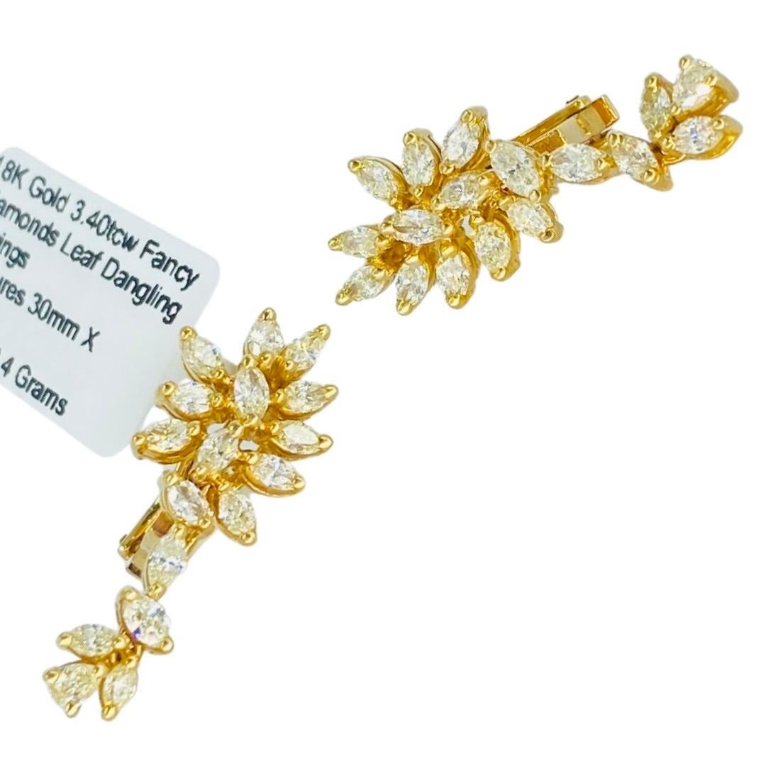 Designer Fancy Marquise & Pear Shape Diamonds Dangling Leaf Earrings 18k Gold For Sale 3