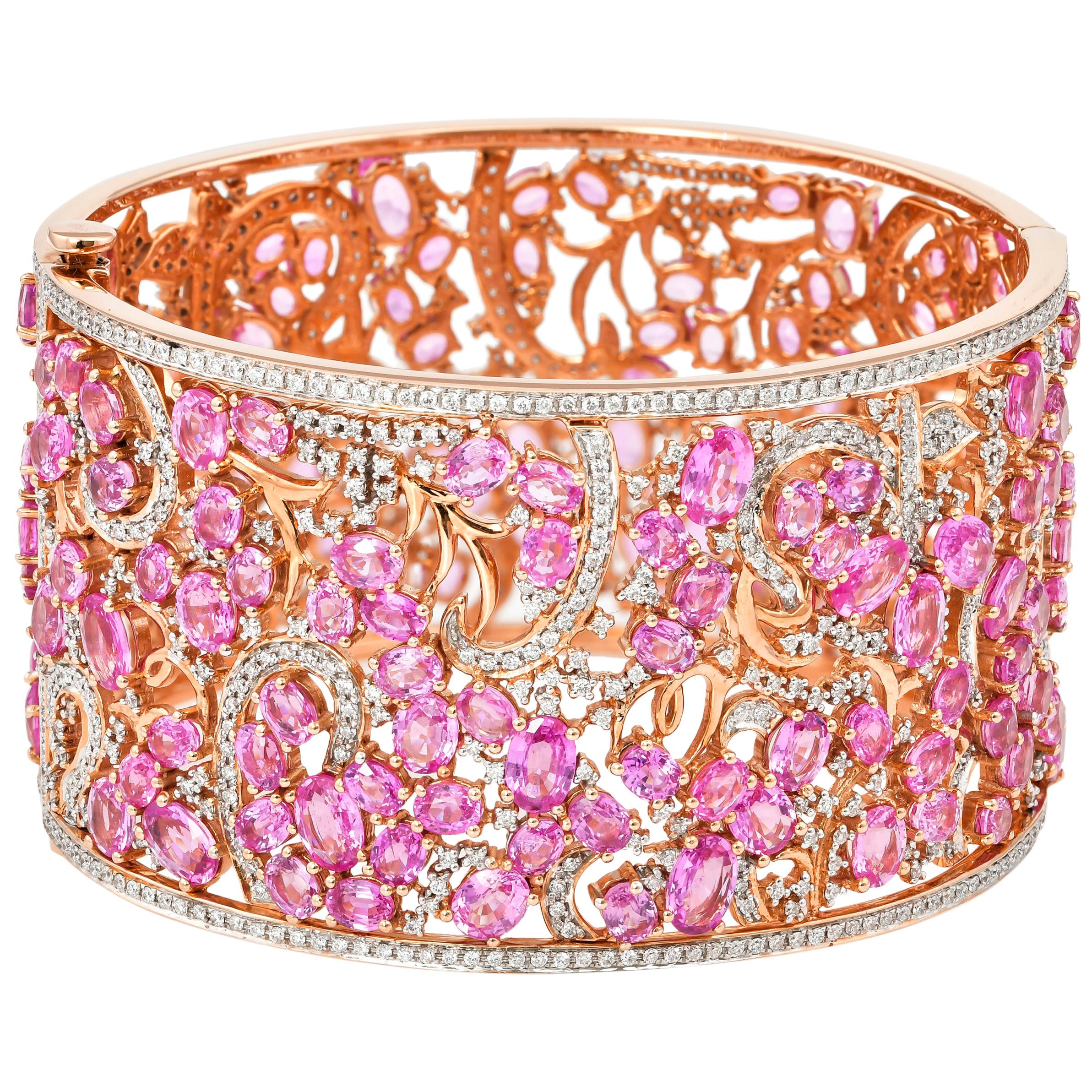 Designer 49.92 Carat Pink Sapphire Bracelet in 18 Karat Rose Gold with Diamonds For Sale