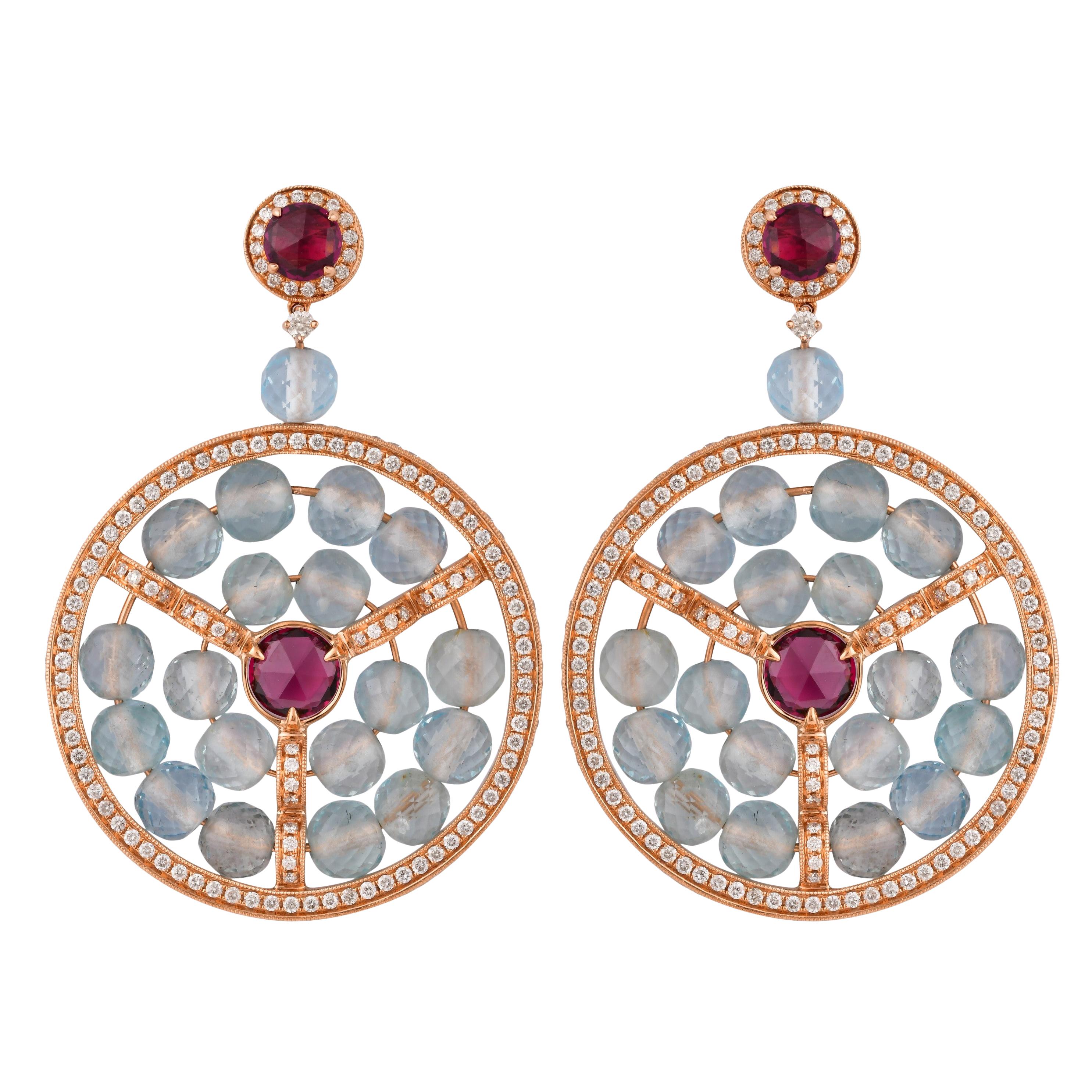 Designer 55.28 Carat Aquamarine Earrings in 18 Karat Rose Gold with Diamonds