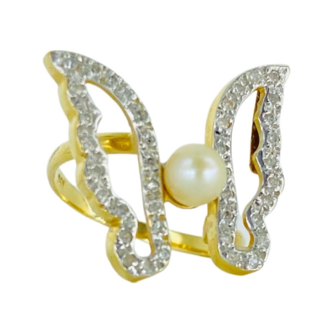 Round Cut Designer Pearl Butterfly and 0.50 Total Carat Diamonds Cocktail Ring 18k For Sale