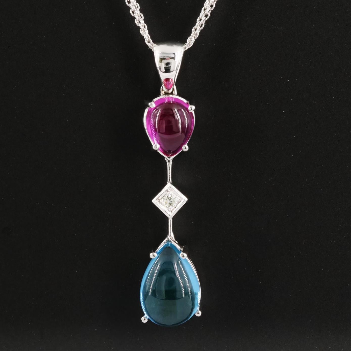 Designer Necklace, heavy and well made

NEW with tags, Tag Price $8500

18K solid White gold, stamped 750

6.1 CWT of Diamond and Tourmaline (Pink and Blue)

Necklace chain is 3 stands 18K Solid white gold chain, 15- 17 inches adjustable, heavy
