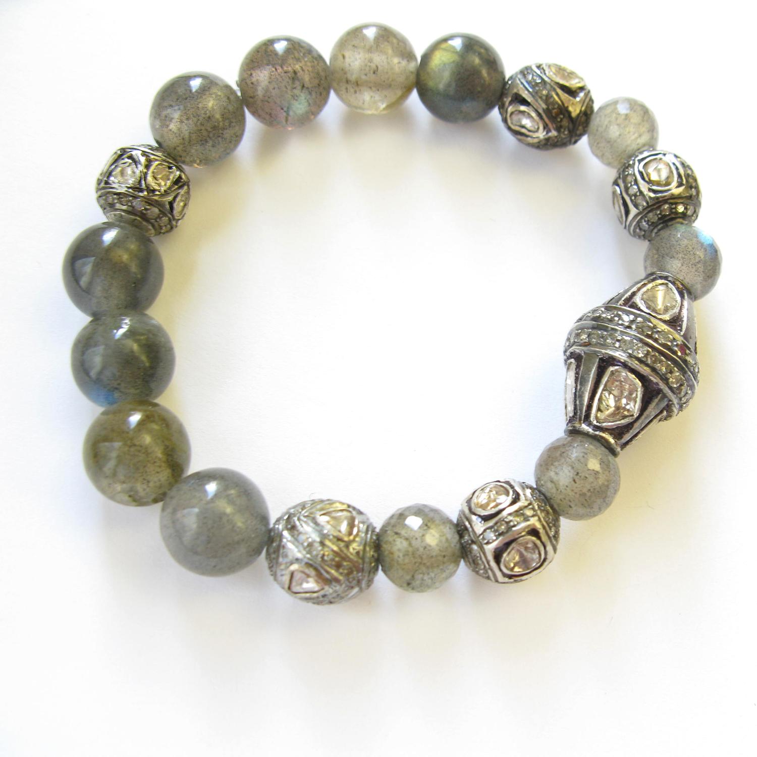 Designer-Perlenarmband aus Silber mit antikem Labradorit und Diamanten im Rosenschliff (Art déco) im Angebot