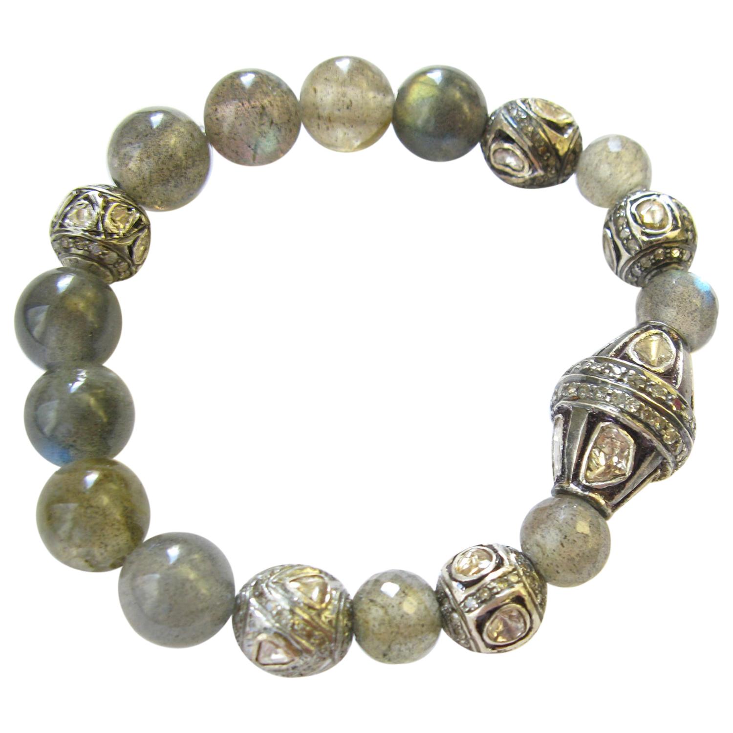 Designer-Perlenarmband aus Silber mit antikem Labradorit und Diamanten im Rosenschliff im Angebot