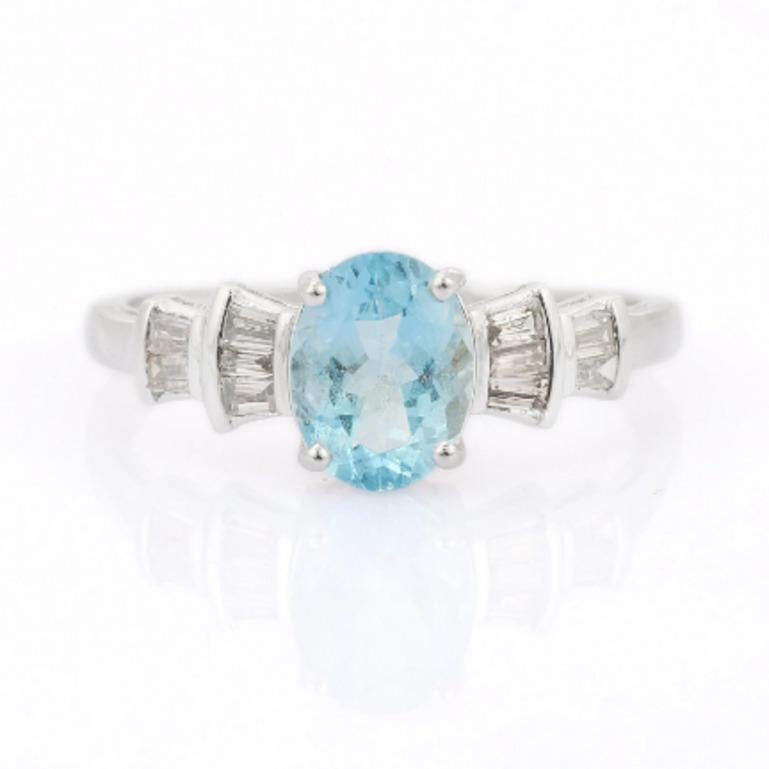 For Sale:  Designer Aquamarine and Diamond Ring Gift for Mom in 925 Sterling Silver 7