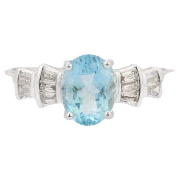 For Sale:  Designer Aquamarine and Diamond Ring Gift for Mom in 925 Sterling Silver