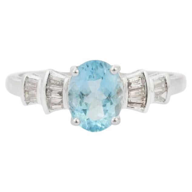 For Sale:  Designer Aquamarine and Diamond Ring Gift for Girlfriend in 925 Sterling Silver