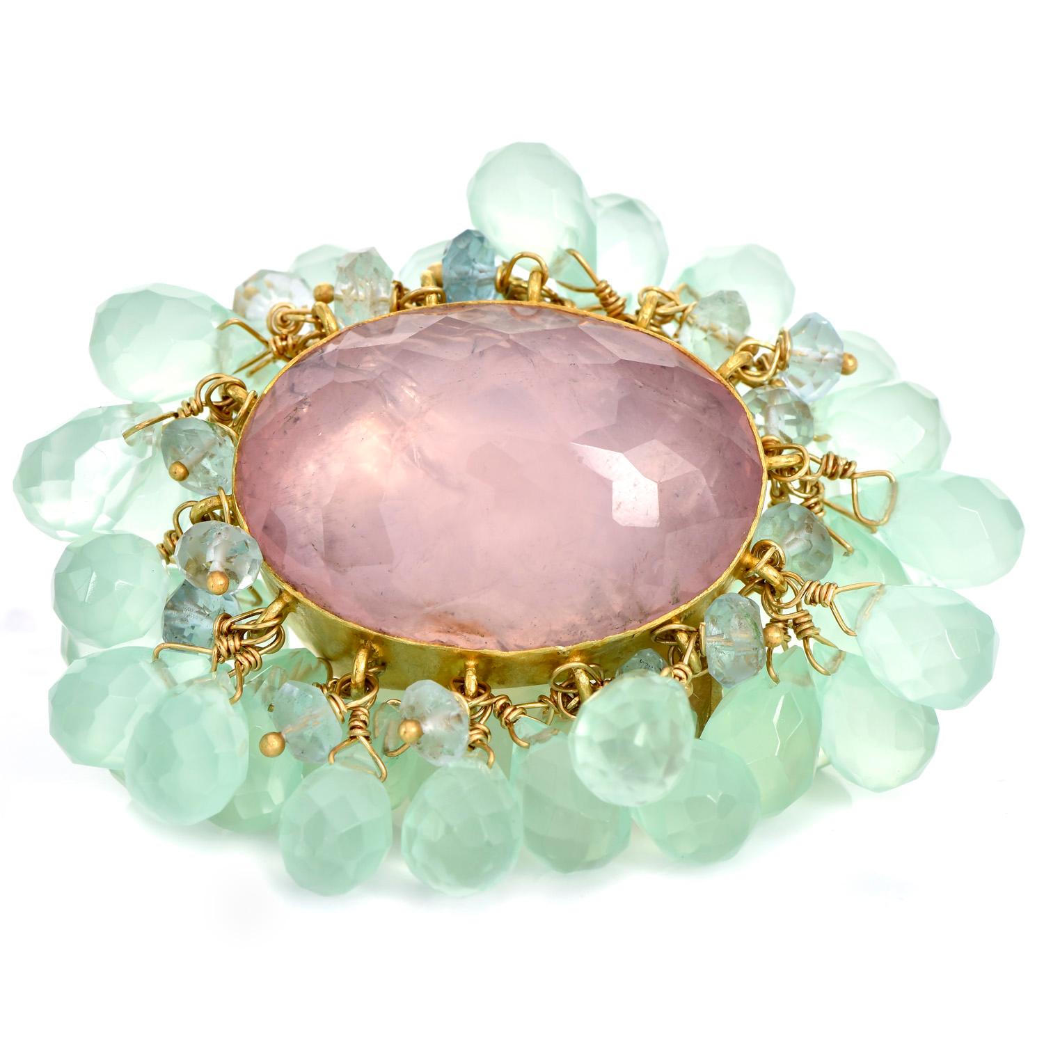 Designer Beaded Flower inspired Ring, dangles to enhance the fun and beauty of the piece,

Handcrafted in solid heavy 18K yellow gold, the center of this unique piece set with genuine pink Quartz Doublet Faceted Oval Cut, Bezel set  Gemstone,