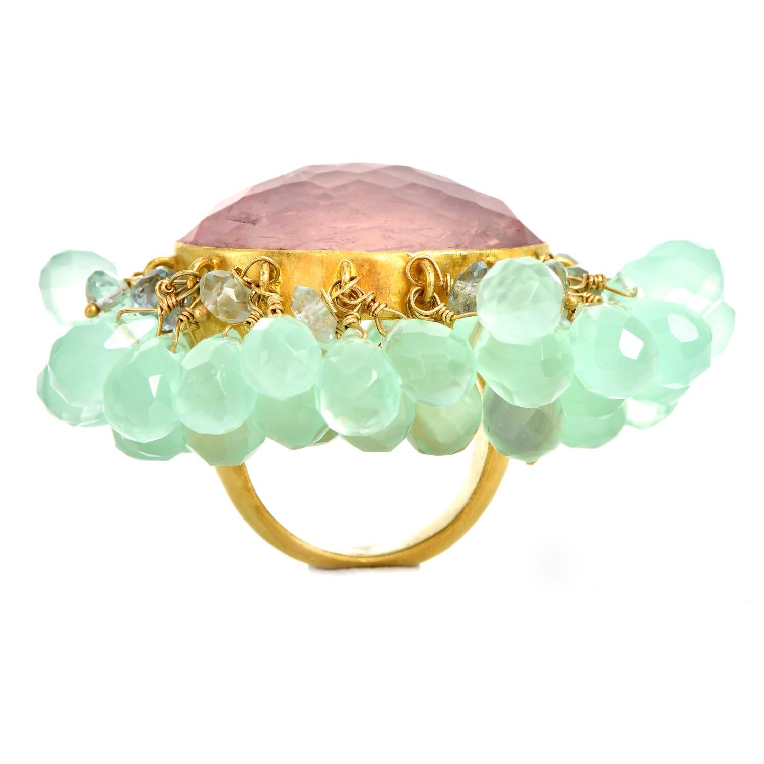 Oval Cut Designer Aquamarine Quartz Chalcedony Beads 18K Gold Dangle Cocktail Ring