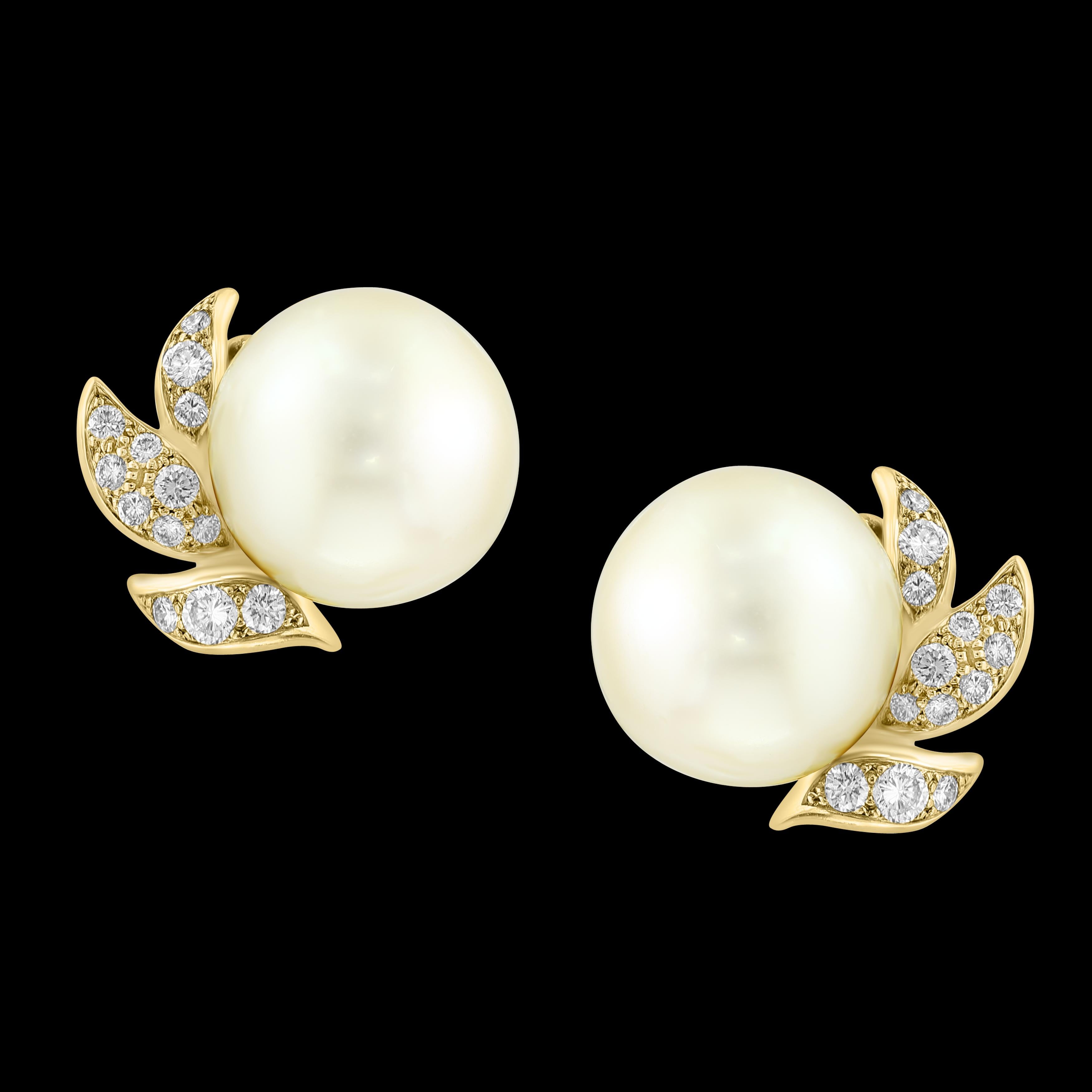 Designer A.Reza's Cream South Sea Pearl & Dimond Stud Earrings 18 K Yellow Gold 13