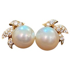 Designer A.Reza's Cream South Sea Pearl & Dimond Stud Earrings 18 K Yellow Gold