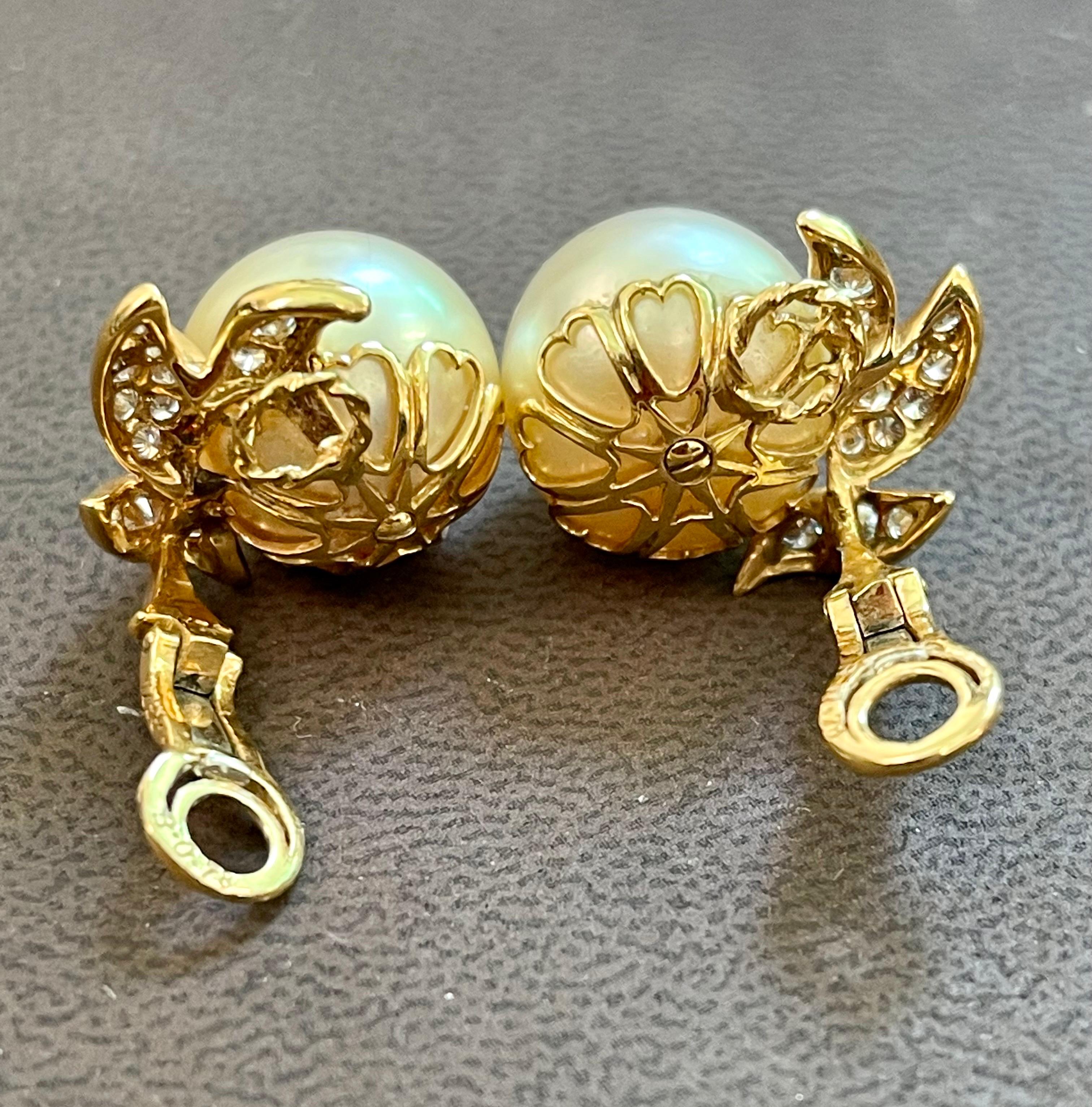 Women's Designer A.Reza's Cream South Sea Pearl & Dimond Stud Earrings 18 K Yellow Gold