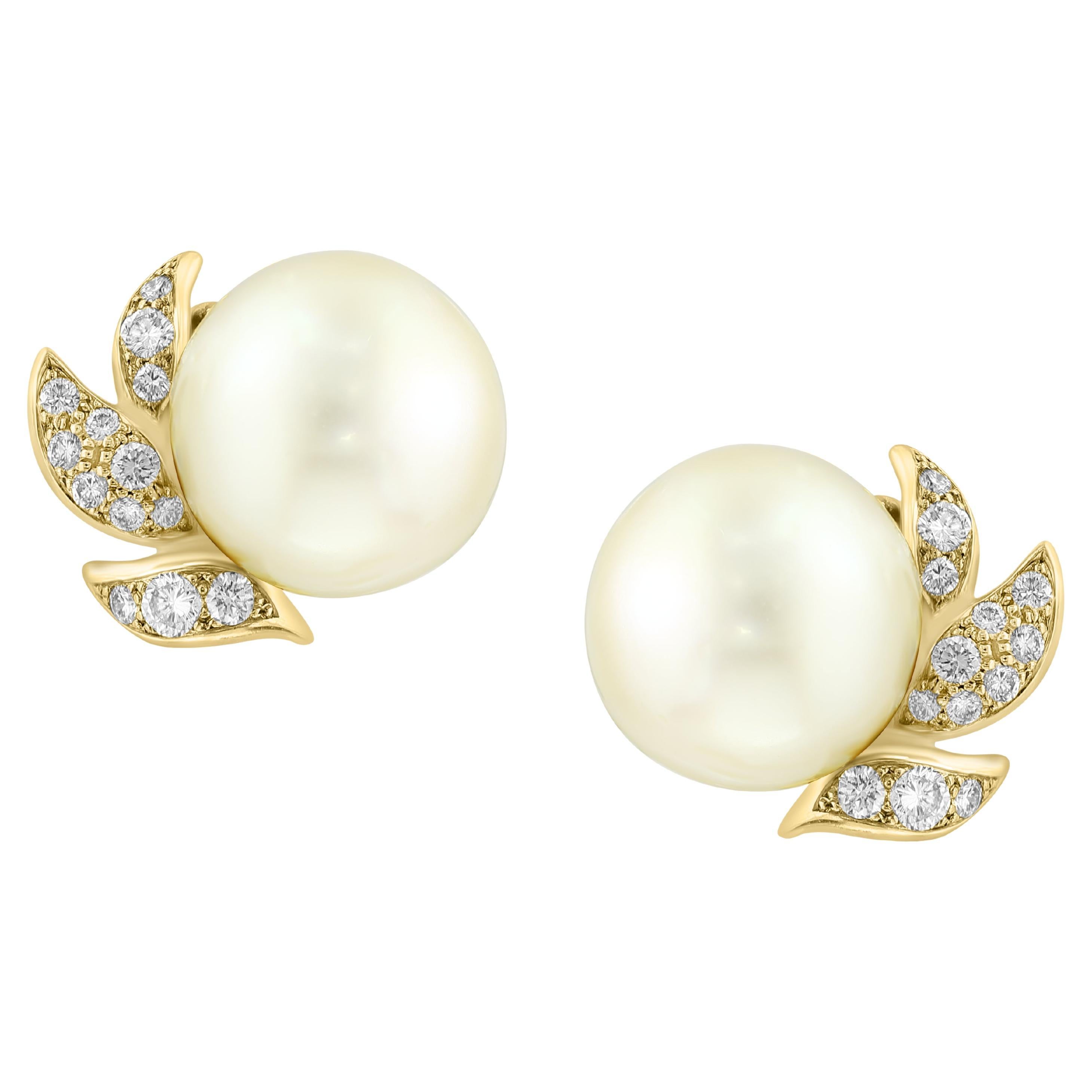 Designer A.Reza's Cream South Sea Pearl & Dimond Stud Earrings 18 K Yellow Gold