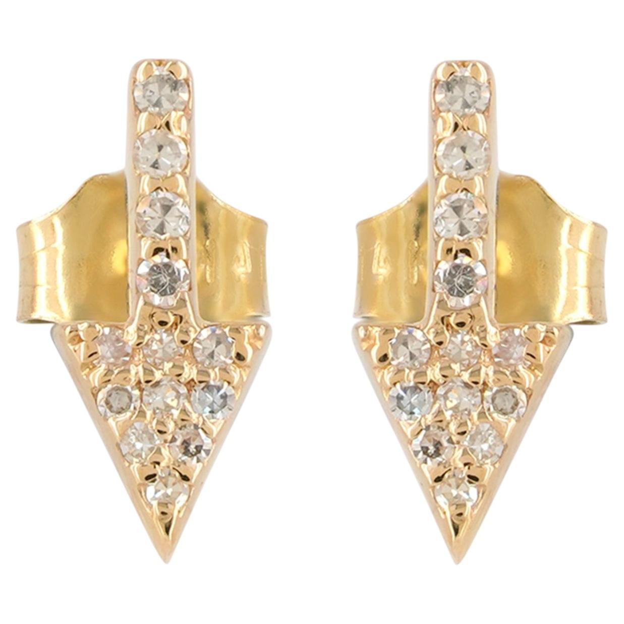 Designer Arrowhead Stud Solid 14k Yellow Gold Natural H/Si White Diamond Earring