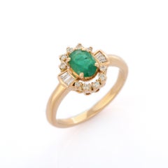 Art Deco Style Oval Cut Emerald and Diamond Ring,  14K Solid Yellow Gold Ring