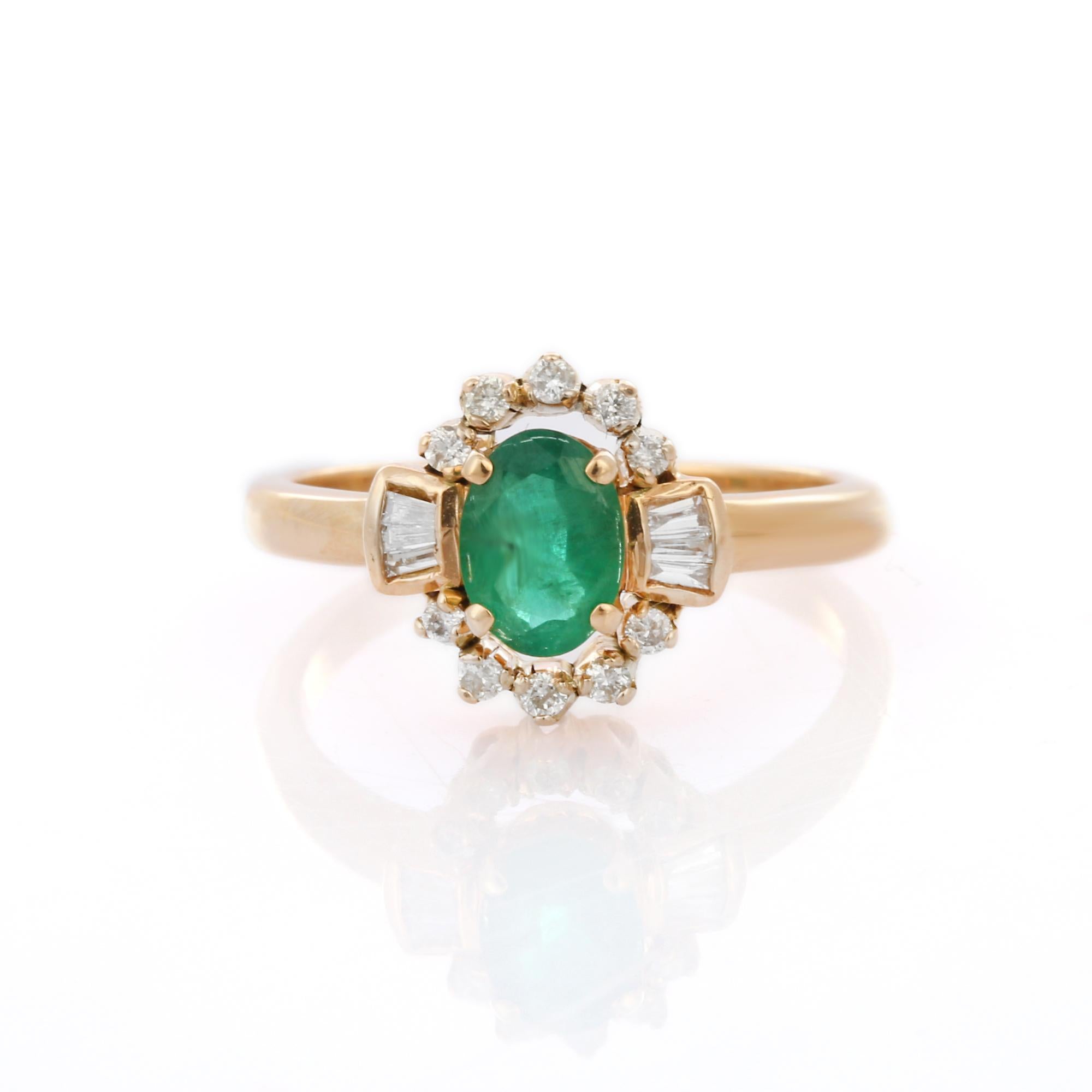 For Sale:  Art Deco Style Oval Cut Emerald and Diamond Ring,  14K Solid Yellow Gold Ring 5