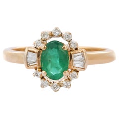 Art Deco Style Oval Cut Emerald and Diamond Ring,  14K Solid Yellow Gold Ring