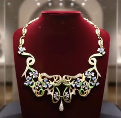 Designer Art Nouveau 1910 Diamond Ruby and Plique-a-Jour 18kt Yellow Gold