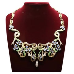 Designer Art Nouveau 1910 Diamond Ruby and Plique-a-Jour 18kt Yellow Gold