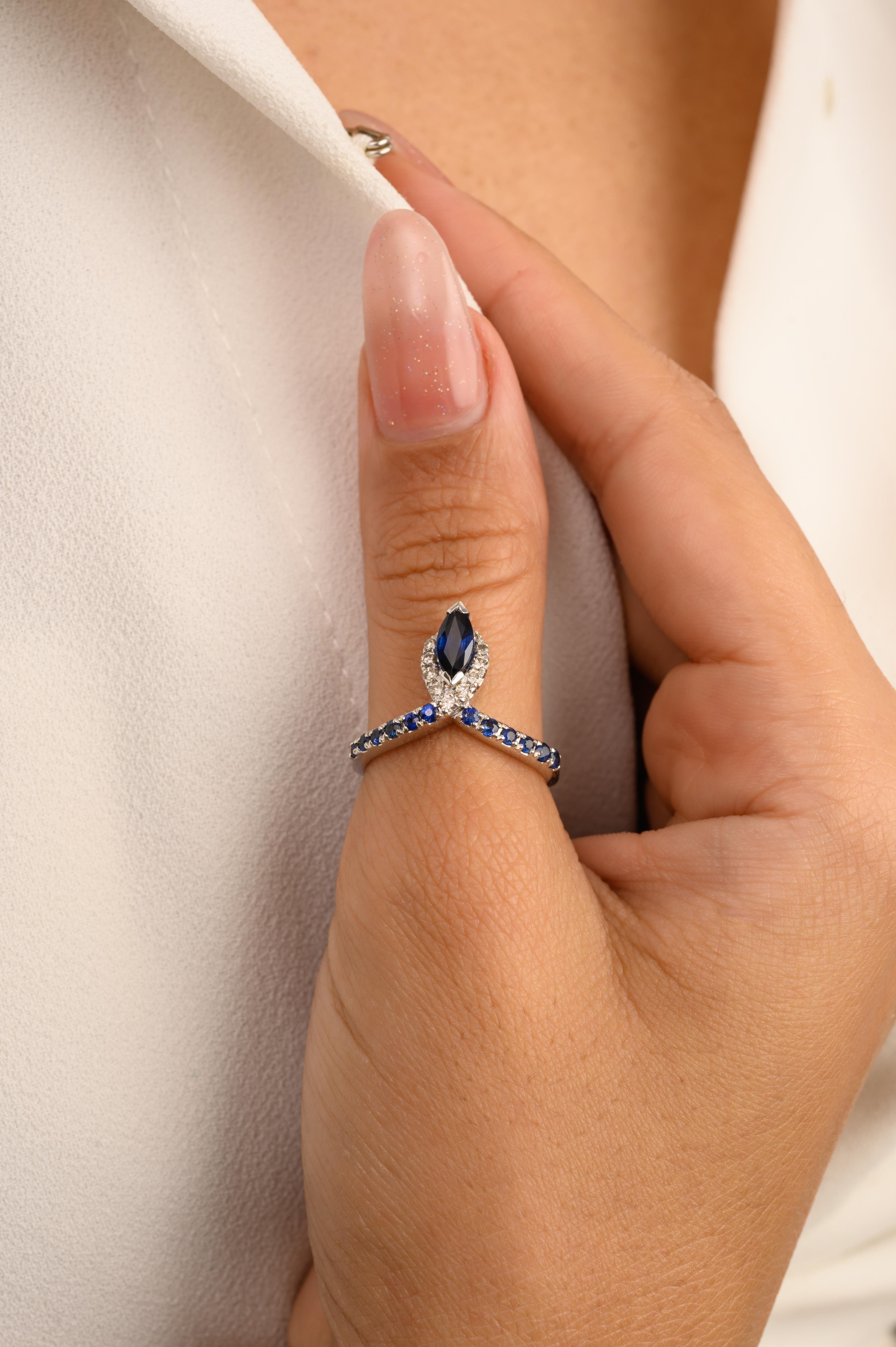 For Sale:  Designer Art Nouveau Blue Sapphire and Diamond Ring in 14k Solid White Gold 2