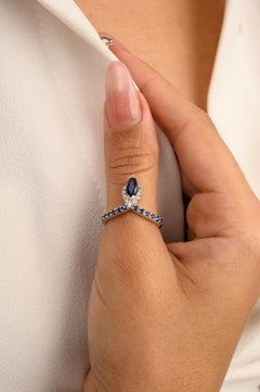 Designer Art Nouveau Blue Sapphire and Diamond Ring in 14k Solid White Gold