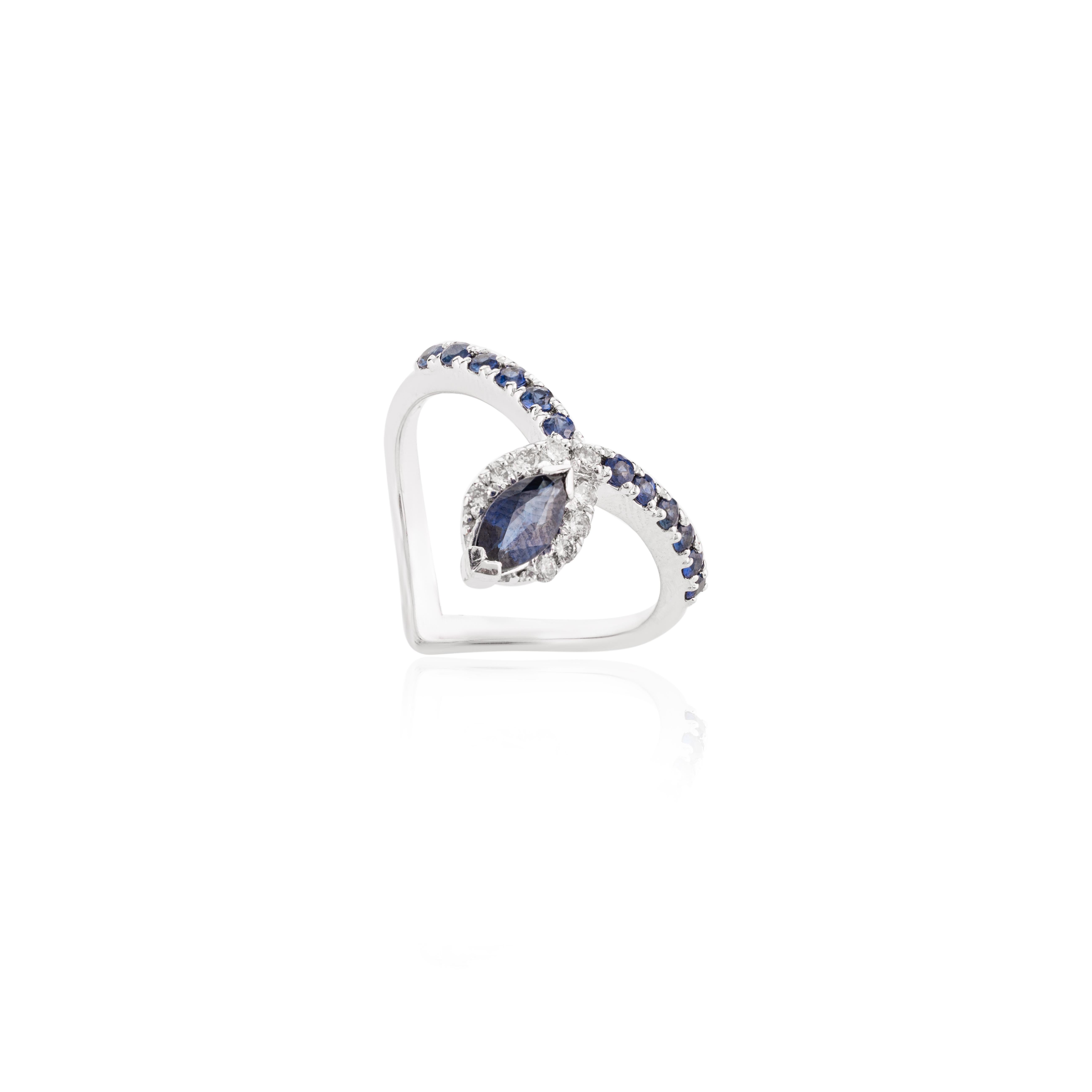 For Sale:  Designer Art Nouveau Blue Sapphire and Diamond Ring in 14k Solid White Gold 6