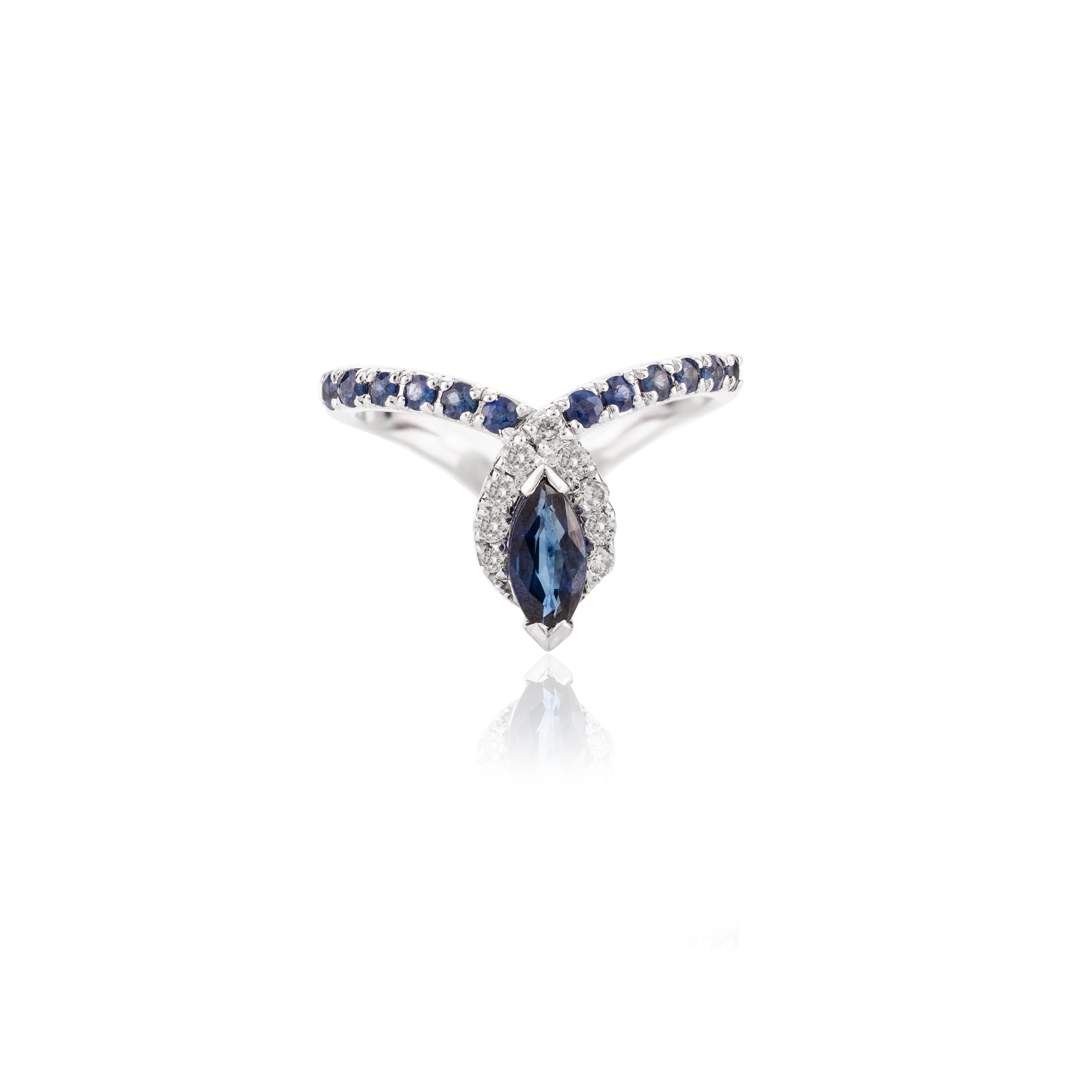 For Sale:  Designer Art Nouveau Blue Sapphire and Diamond Ring in 14k Solid White Gold 7