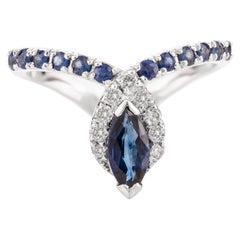 Designer Art Nouveau Blue Sapphire and Diamond Ring in 14k Solid White Gold