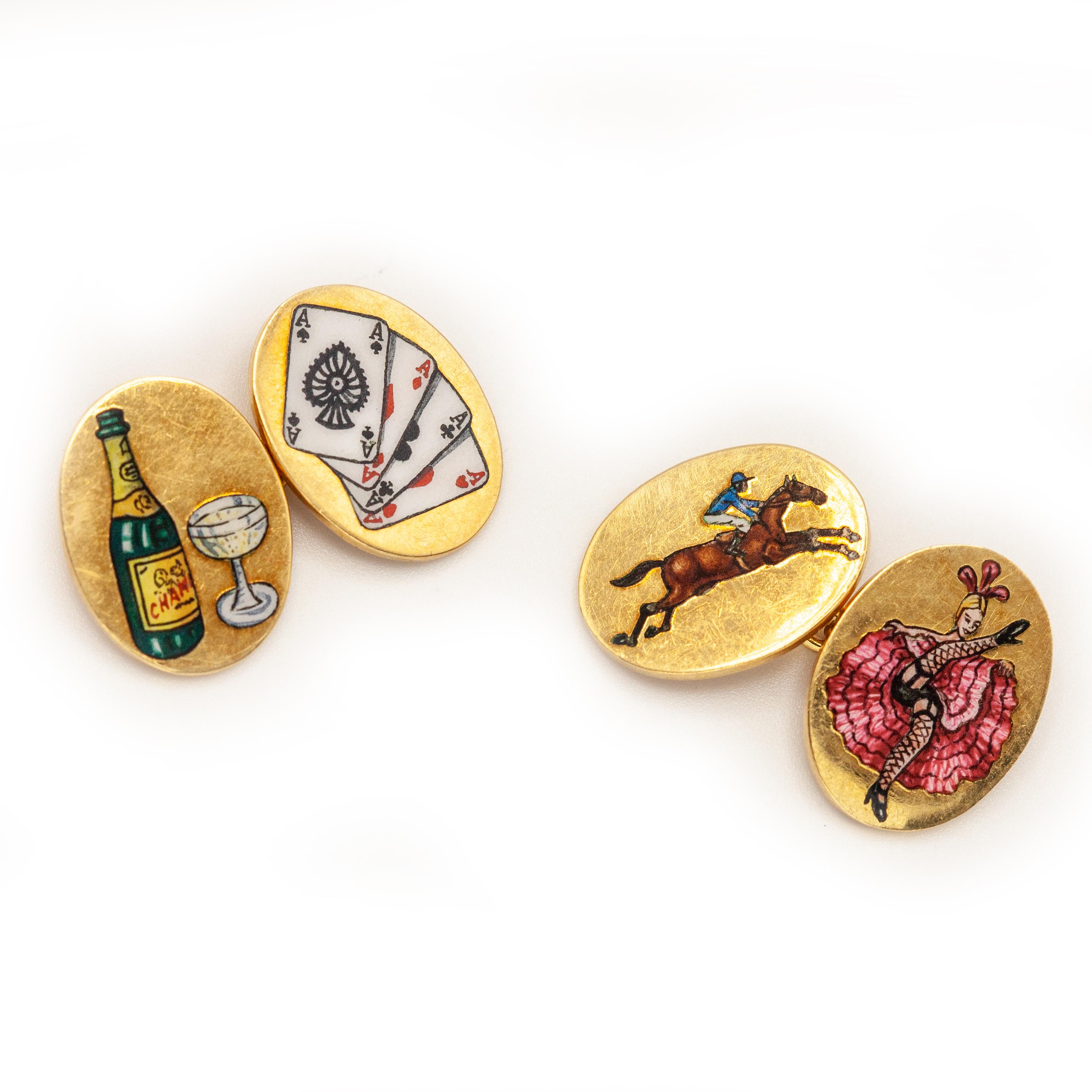 Designer Asprey 18K Gold The Four Vices Enamel Cufflinks 4